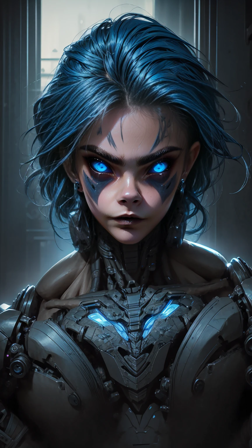 (1 girl), (Cara delevingne:1.25), beautiful teenage muscular goth cyborg androgyn, (black sclera:1.25), (blue glowing eyes:1.25), (blue glowing body veins:1.25),(((muscular bodybuilder physique:1.45))), ((((extreme muscular hypertrophy:1.25)))), (flat muscular pecs:1.25), (Cyborg exosuit:1.5), (skinny thin legs:0.75), (long blue glowing hair:1.5),(beautiful face:1.25), bimbo lips, cyberpunk city, gothic neon style, cyber punk style, Portrait shot