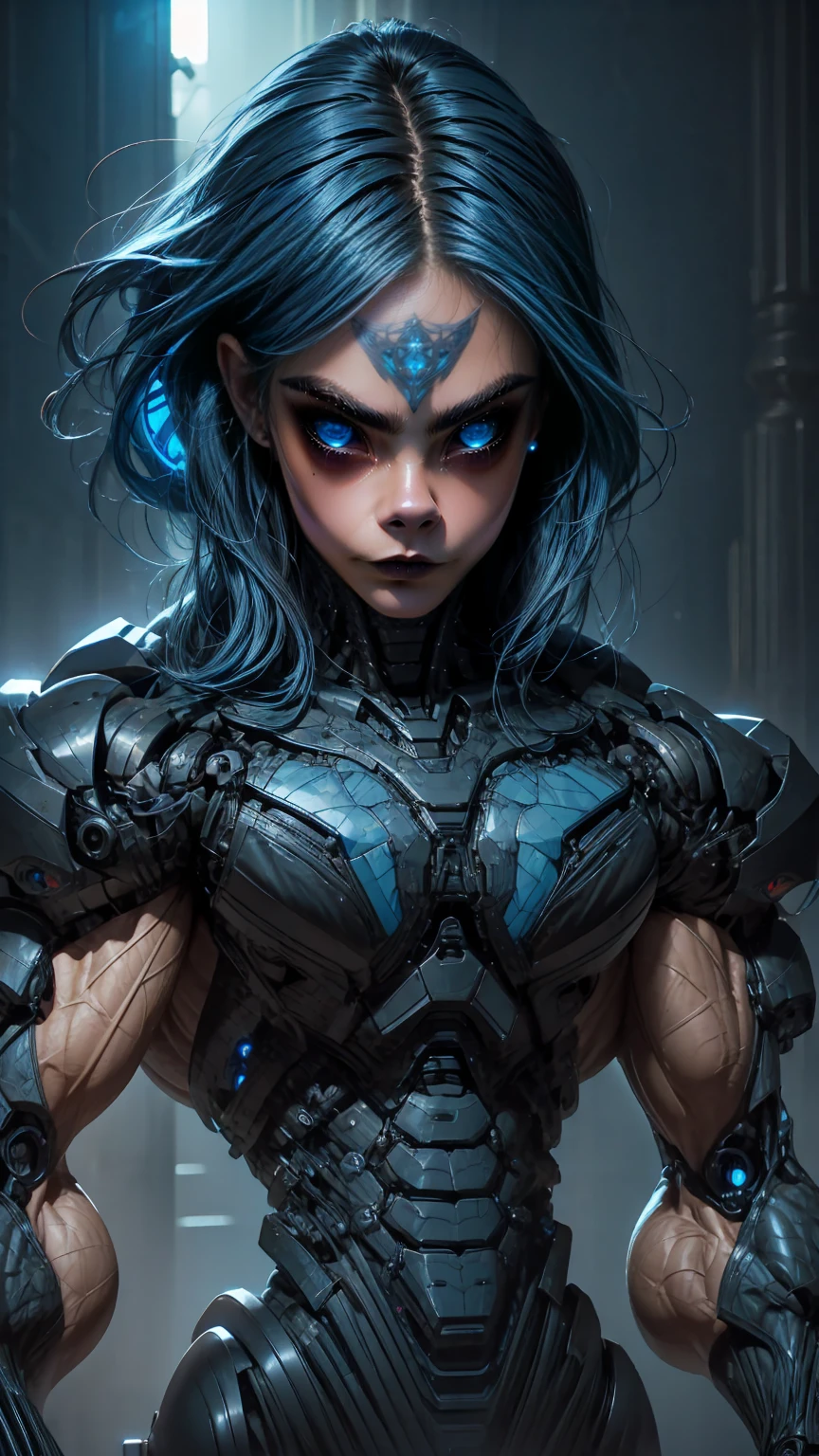 (1 girl), (Cara delevingne:1.25), beautiful age muscular goth cyborg androgyn, (black sclera:1.25), (blue glowing eyes:1.25), (blue glowing body veins:1.25),(((muscular bodybuilder physique:1.45))), ((((extreme muscular hypertrophy:1.25)))), (flat muscular pecs:1.25), (Cyborg exosuit:1.5), (skinny thin legs:0.75), (long blue glowing hair:1.5),(beautiful face:1.25), bimbo lips, cyberpunk city, gothic neon style, cyber punk style, Portrait shot