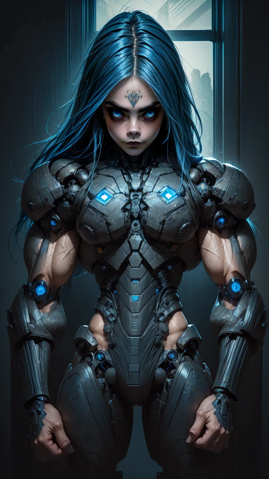 (1 girl), (Cara delevingne:1.25), beautiful teenage muscular goth cyborg androgyn, (black sclera:1.25), (blue glowing eyes:1.25), (blue glowing body veins:1.25),(((muscular bodybuilder physique:1.45))), ((((extreme muscular hypertrophy:1.25)))), (flat muscular pecs:1.25), (Cyborg exosuit:1.5), (skinny thin legs:0.75), (long blue glowing hair:1.5),(beautiful face:1.25), bimbo lips, cyberpunk city, gothic neon style, cyber punk style, Portrait shot