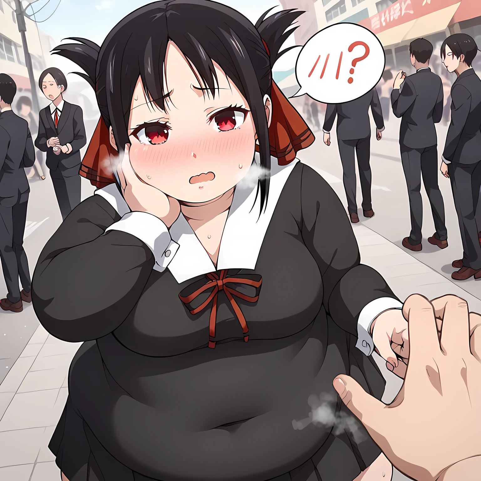 score_9, score_8_up, score_7_up, source_anime BREAK 1girl, Shinomiya Kaguya, (black school uniform, black miniskirt), black hair, red eyes , steam, steaming, (sweat)1.4, very sweaty, sweaty body, steaming body,, looking at viewer,  standing, outside, city, street, crowd, , , ass, , skindentation, rating_safe ,swollen face, fat, chubby, obese, open mouth, out of breath, absurdres, highres icon, rating:General, confused, blush, spoken question mark, {flustered}, nervous sweating, portrait, pov hands, hand on another's cheek, averting eyes, [looking away], straight-on, from above,  upper body, masterpiece, best quality, ultra-detailed, high resolution, 8K, absurdres, highres icon,
