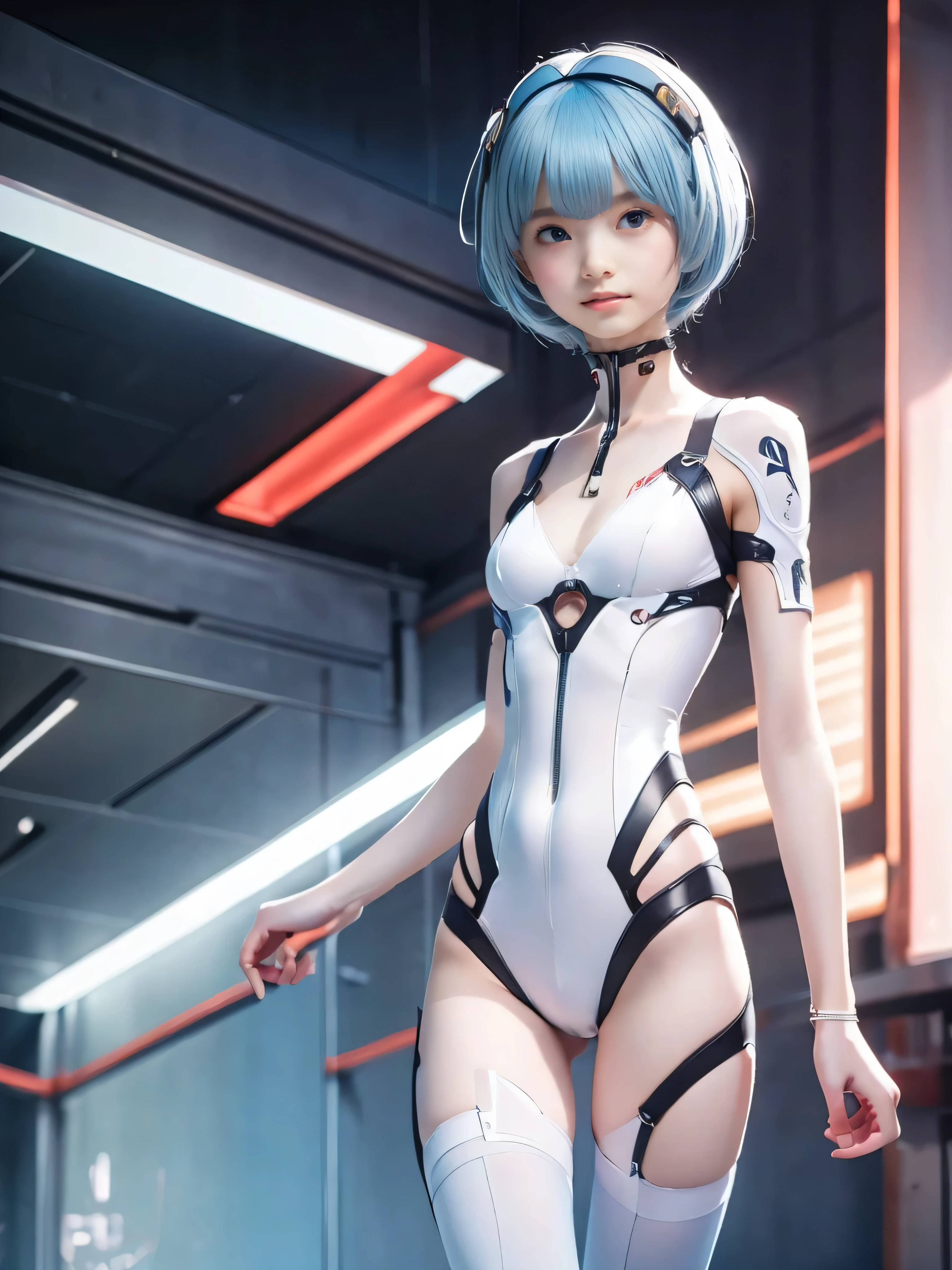 Masterpiece,NSFW1.1,((Whole body:1.1))))), (Realistic),Photos, Best Quality, 1 female,((Tall:1.1))),Ear fold,(((Rei Ayanami, Plug Suit 00:1.1))),((Red Eyes,Beautiful Face, Beautiful Eyes:1.1)))), (((Cute Face)), Wet Eyes, Face,Detail Face, Detail Lips, Detail Eyes, (Thin and Sharp Pale Eyebrows :1.1 long eyelashes), double eyelids, (seductive smile), (gentle expression, fleeting expression))),(turning sexy pose), sexy buttocks, (pearl rubber suit with strong metallic luster and smooth surface), ((sexy tight metallic shiny latex suit)))), (two thick black lines from thighs to buttocks: 1.1))), ( Movie lighting: 1.1),From below, (upright), (camelt), (sleek body line)), pale short hair, (pale thin eyebrows)), beautiful hair, (big round sexy breasts: 1.5), small logo pattern on the chest 00:1.1,mech suit, sexy thin long waist, white skin, (advanced cyberpunk research facility in the background)),(Spectacular midnight starry sky in the background : 1.5, a magnificent large full moon in the background, a spaceship in the background)))), (Face and eye details: 1.1), loneliness, blushing, (shy sexy pose)), very delicate and beautiful girl, standing, ((sexy pose with both hands on it)),(Sexy pose with closed legs)),(To8 contrast style), small egg-shaped psychosensory device on both sides of the head