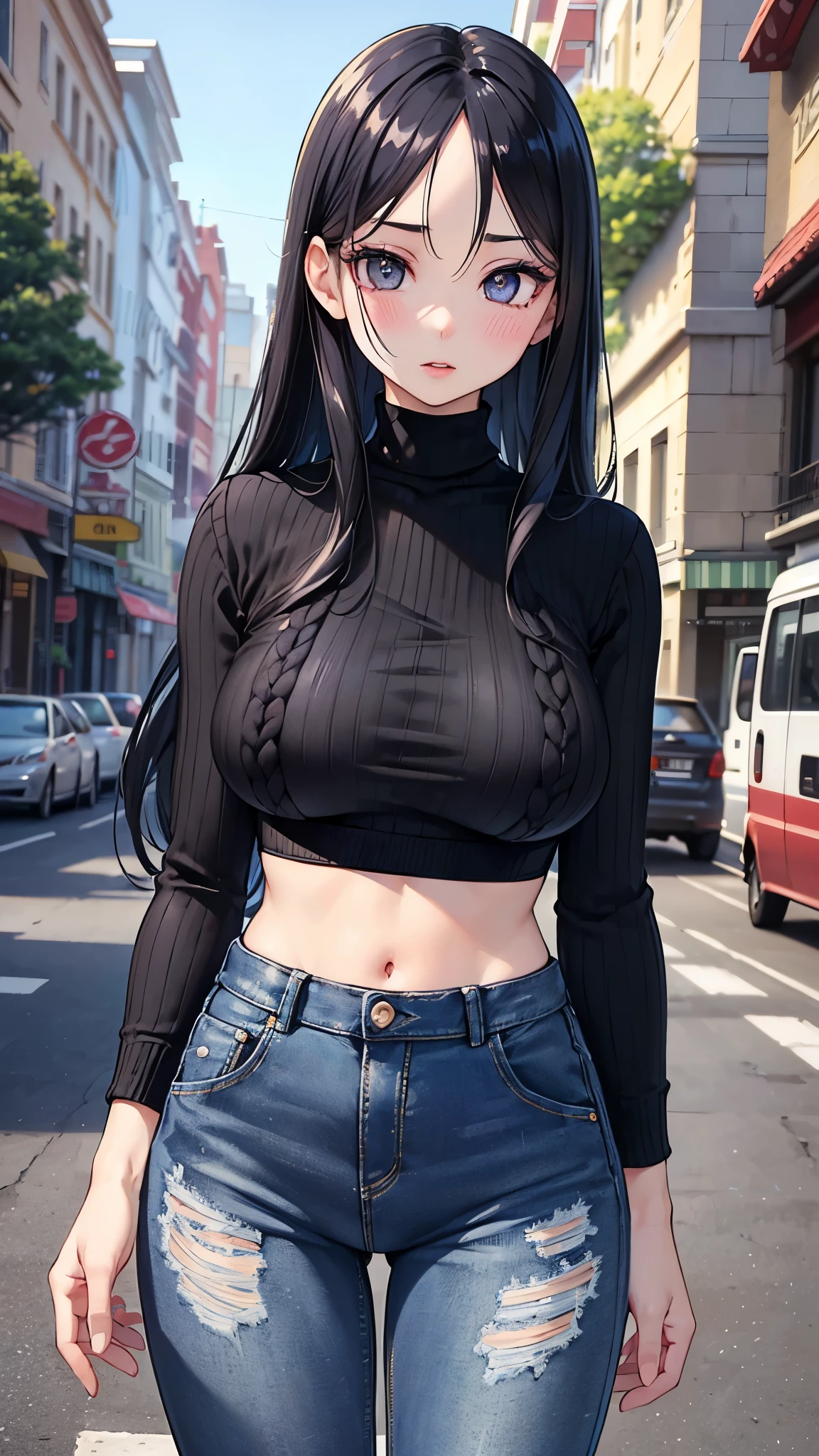1 garota,cabelo preto curto,olhos azuis, vestindo camisa branca lisa,shorts jeans,cidade,
absurdos,high resolution,ultra-afiado,8k,obra de arte,olhando para o espectador.
