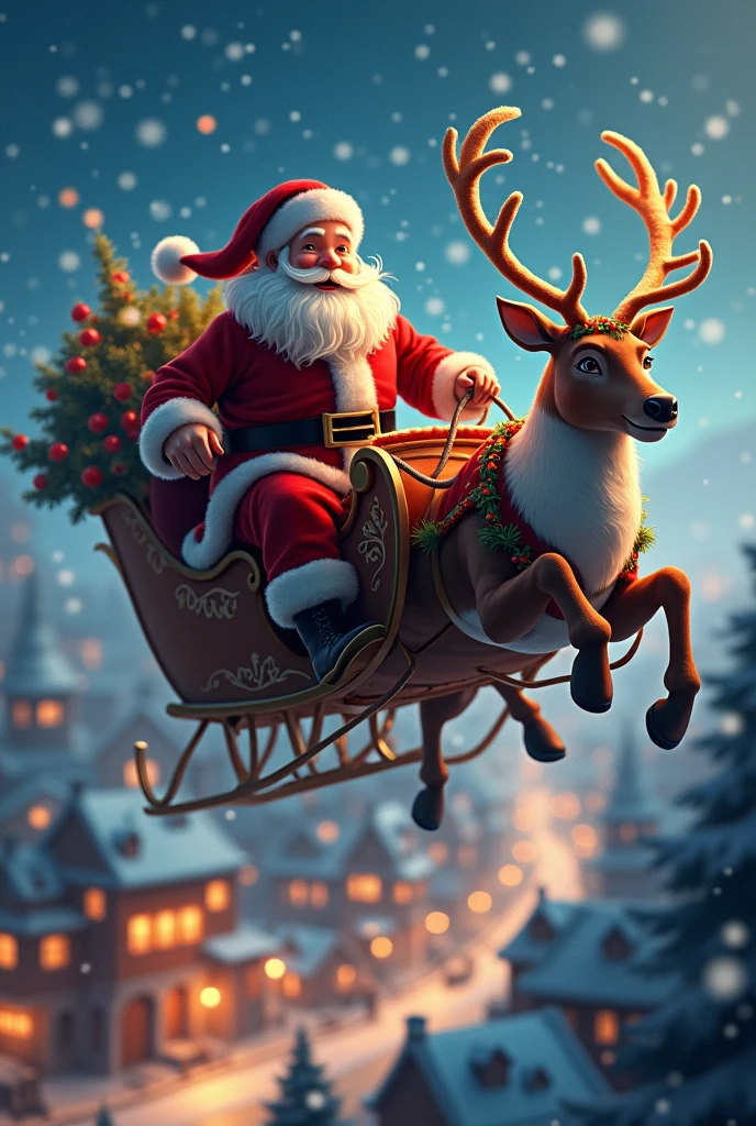 Santa Claus flies over the city on reindeer
