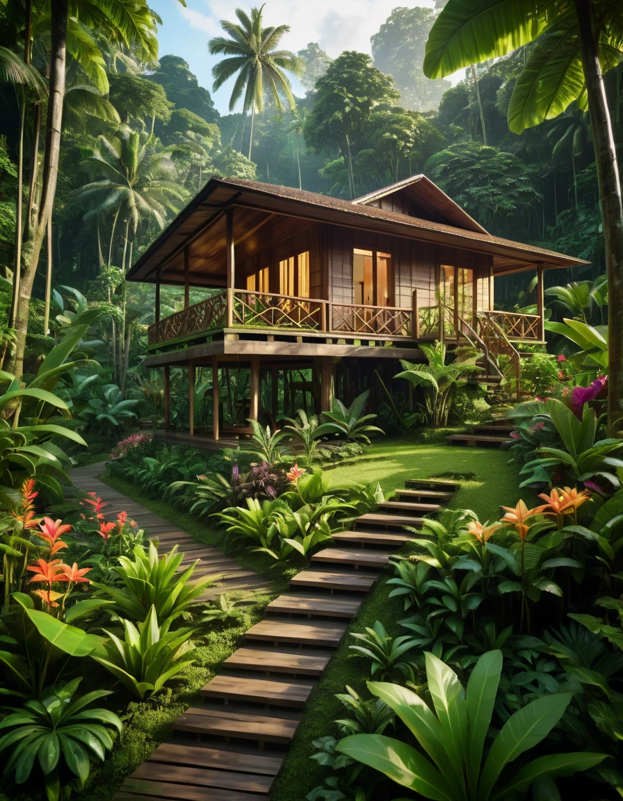 A small wooden indonesian house  in the middle of a lush green forest. The house has a porch and a garden with flowers and plants. The mood is peaceful and serene. The art style is realistic. The camera is positioned at a low angle, looking up at the cabin. The colors are vibrant and the lighting is bright.