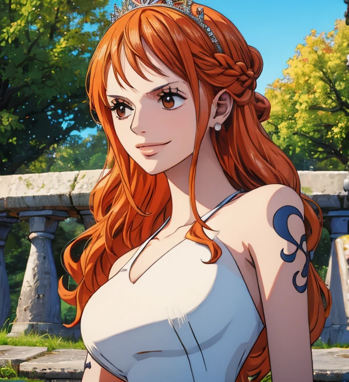 (masterpiece, best quality, 4K, 8k,   high definition  , 最高masterpiece:1.2),  super detailed, (Realistic, photoRealistic, photo-Realistic:1.37),   Pale Orange Hair  ,  dress, pale orange hair hidden in thick grass ,(Beautiful hairstyle,Braid 1 .3), tiara ,(Left shoulder tattoo), beautiful brown eyes, beautiful lips,Beautiful lipstick,smile, looking at the camera,  Big Breasts ,In a dress,Beautiful whole body,Holding a bouquet,church,bride,Beautiful blue sky,Trees, starry sky ,(elegant spot 1.4),Beautiful flowers, gradient 