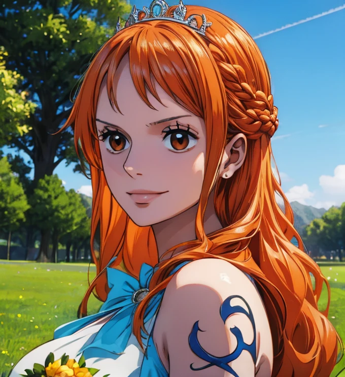 (masterpiece, best quality, 4K, 8k,   high definition  , 最高masterpiece:1.2),  super detailed, (Realistic, photoRealistic, photo-Realistic:1.37),   Pale Orange Hair  ,  dress, pale orange hair hidden in thick grass ,(Beautiful hairstyle,Braid 1 .3), tiara ,(Left shoulder tattoo), beautiful brown eyes, beautiful lips,Beautiful lipstick,smile, looking at the camera,  Big Breasts ,In a dress,Beautiful whole body,Holding a bouquet,church,bride,Beautiful blue sky,Trees, starry sky ,(elegant spot 1.4),Beautiful flowers, gradient 