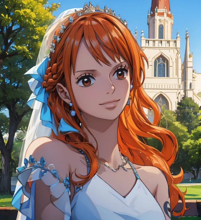 (masterpiece, best quality, 4K, 8k,   high definition  , 最高masterpiece:1.2),  super detailed, (Realistic, photoRealistic, photo-Realistic:1.37),   Pale Orange Hair  ,  dress, pale orange hair hidden in thick grass ,(Beautiful hairstyle,Braid 1 .3), tiara ,(Left shoulder tattoo), beautiful brown eyes, beautiful lips,Beautiful lipstick,smile, looking at the camera,  Big Breasts ,In a dress,Beautiful whole body,Holding a bouquet,church,bride,Beautiful blue sky,Trees, starry sky ,(elegant spot 1.4),Beautiful flowers, gradient 