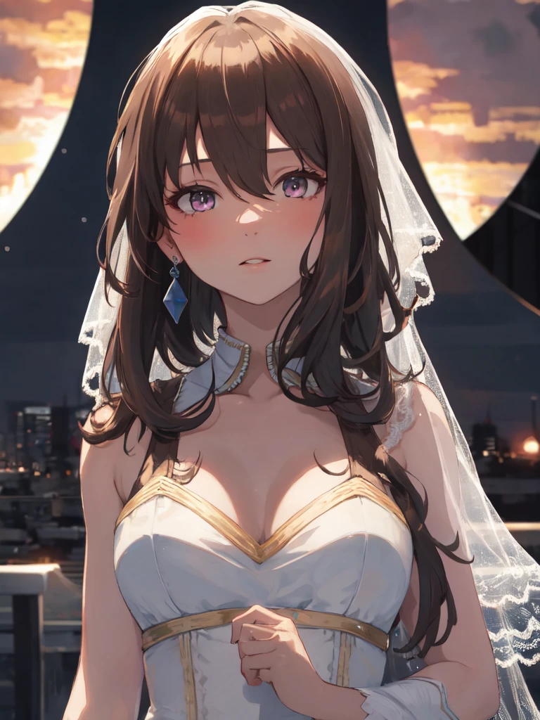 Alone, 1 girl, (human ears, earrings), (Anime Face, kissing face), (hair ornament), (((pure white bridal dress))),( Sunset Sky, Sunset), Evening Sky), (Focus on Chest, Oblique angle), (High Resolution, Masterpiece, Accurate, Anatomically Correct, Multiple Award Winning, Top Quality, Detailed , high quality model, high quality, retina, highly detailed) , textured skin, super high resolution)
