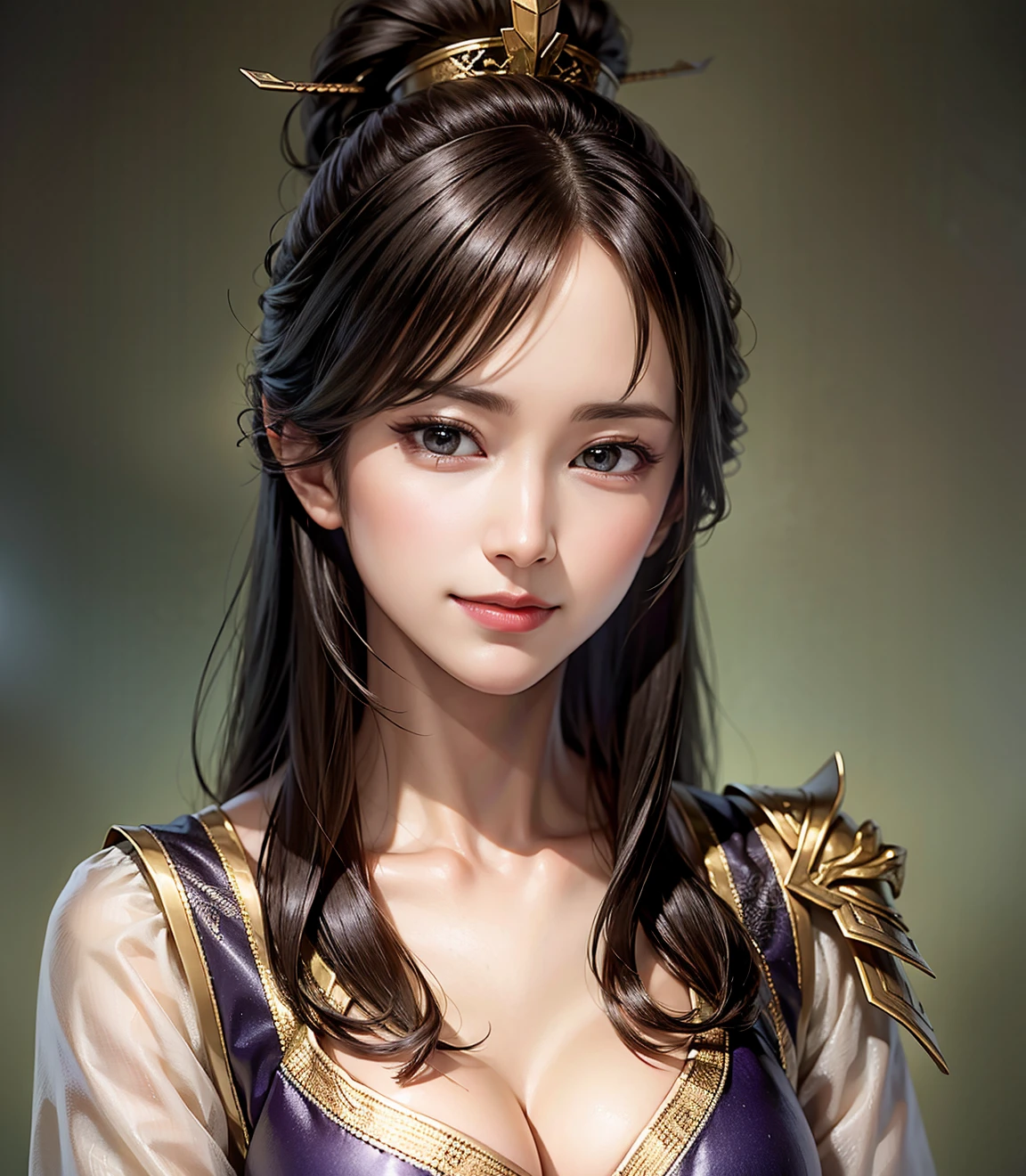  in armor and a purple cloak, 1 person, gorgeous young woman, Raise Your Side at a Chinese Restaurant ,cleavage, high definition face and skin texture, staring at the camera , perfect beauty: 1.4, fine grain, double eyelids, Whitening,  best quality ,  ultra high resolution with forest background,simple background,Chinese Warrior