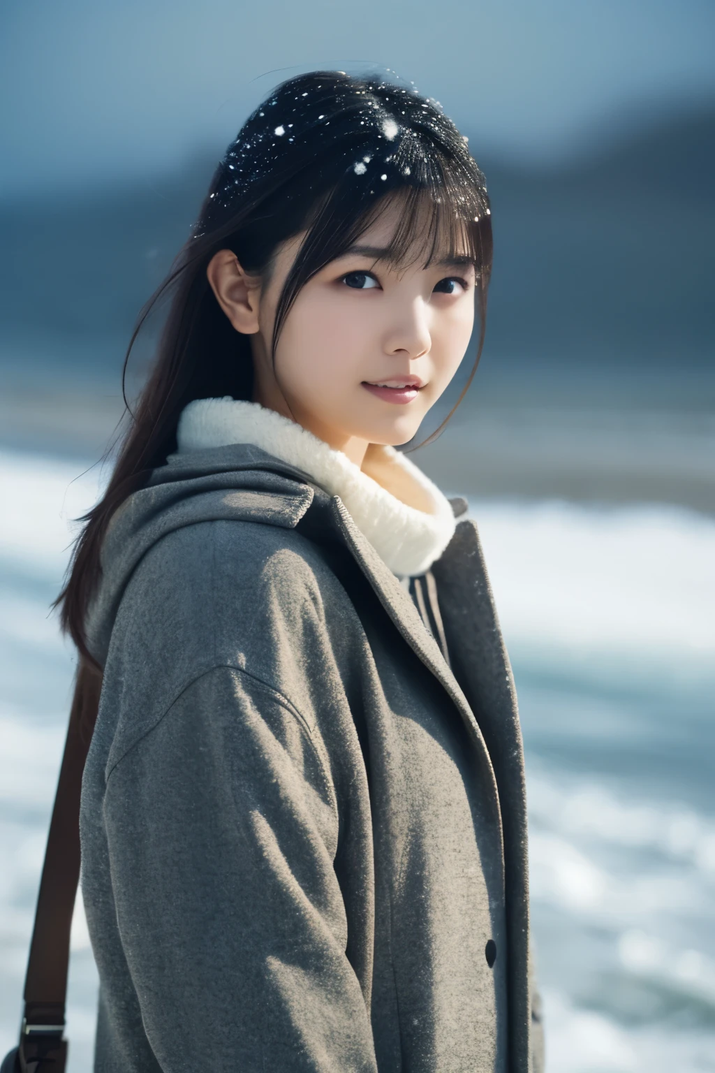 1 girl,  Very beautiful portraits of Japanese idols , (Wear a winter coat ),
 ( RAW photo best quality ), (Realistic, Realistic:1.4), (masterpiece), 
 Very detailed, 2k wallpaper, wonderful, finely,  Very detailed,  CG Unity 8k Wallpaper ,  Very detailed,  high definition , Soft light, 
 A beautiful girl carefully drawn in every detail ,  Very detailedな目と顔,  Beautiful and Elegant Nose ,  beautiful beautiful eyes,  movie lighting, 
(Bromide photography ),
(Medium hair), (Standing on the beach in winter:1.3), (Rough seas:1.4), (Powder snow falls, Snowfall, Snowfall:1.3), (Desolate atmosphere :1.4), (Dark screen of bad weather ), 
 perfect anatomy , 細身の体,  smaller breasts, Thin legs