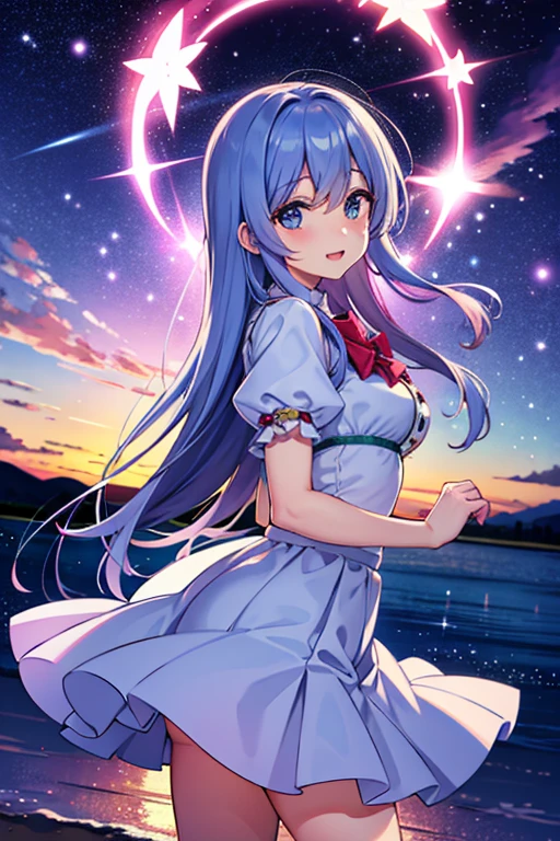 Medium blue hair, purple eyes, starry sky, night, May, beach, water powers, levitating and shining water drops, cute, sweet