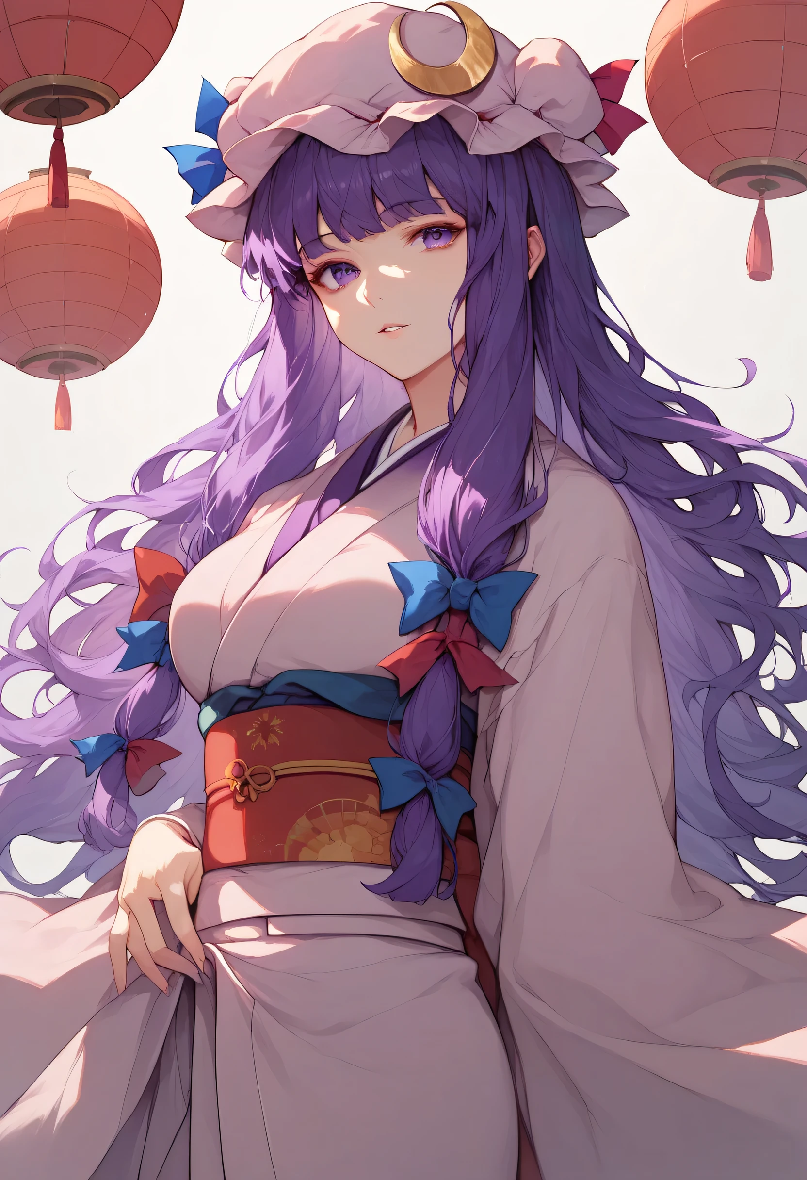 patchouli knowledge, 1girl, solo, purple hair, purple eyes, long hair, mob cap, crescent hat ornament, mob cap,japanese clothes, sash, kimono, bangs, looking at viewer, obi, gradient,