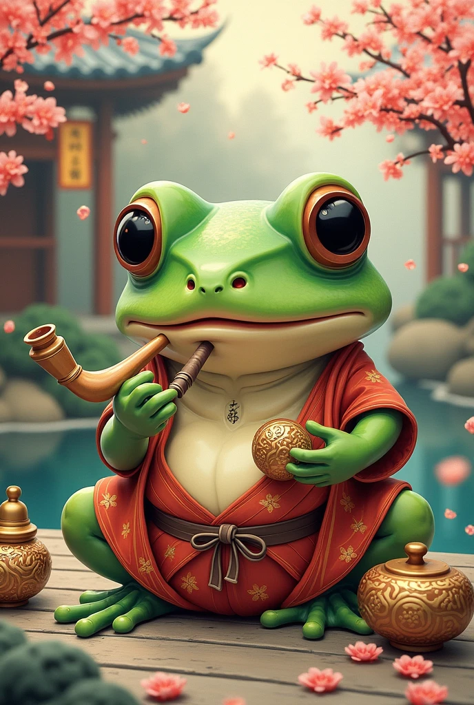 A Japanese frog sitting on crutches, smoking a joint in a Japanese setting