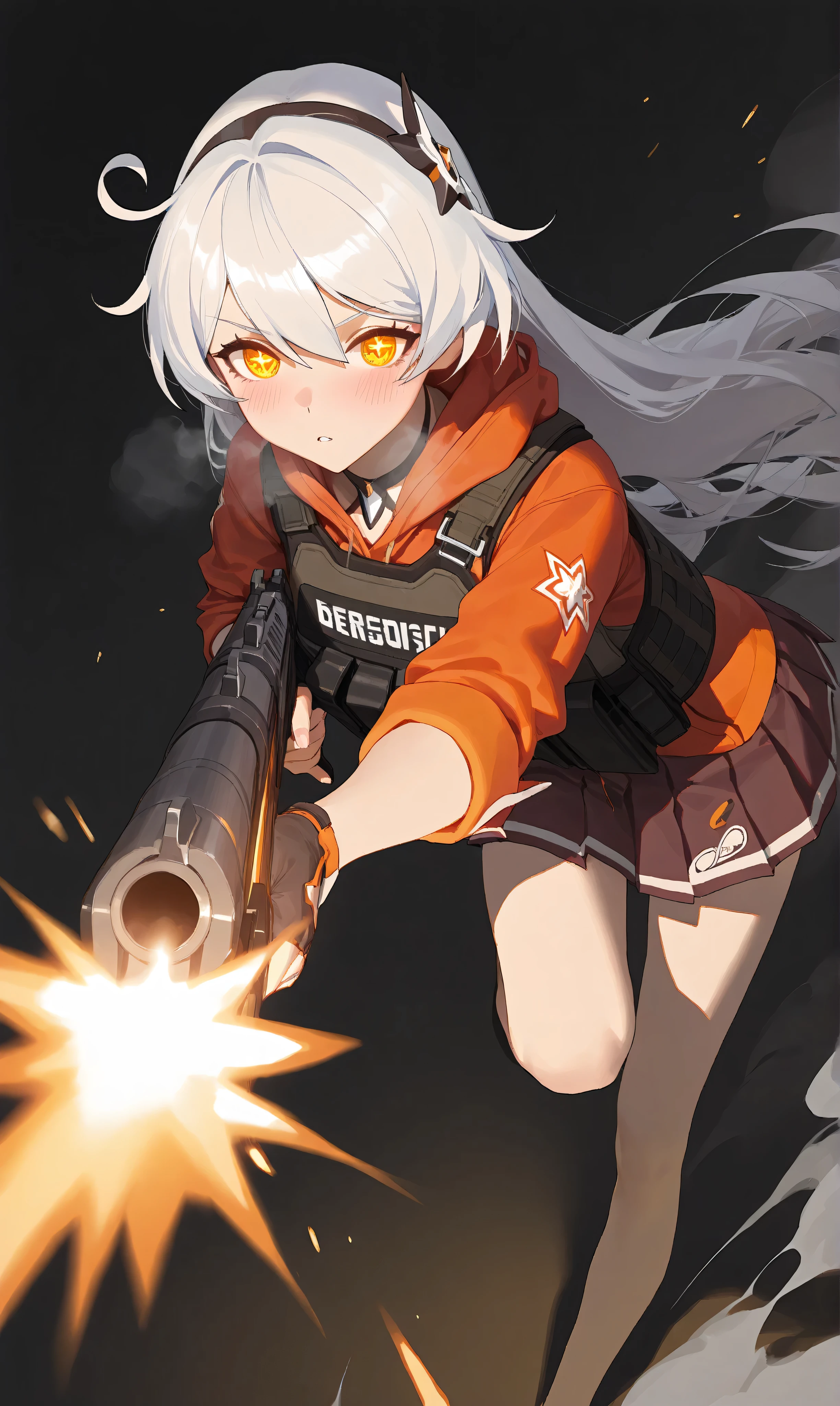 1girl, kiana kaslana \(honkai impact 3\), HoV, Silver hair, ahoge, long hair, yellow eyes, symbol-shape pupils, blush, heavy breath, airseal, (ciloranko:0.75), from above, dutch angle, feet out of frame, beretta 1301, shotgun, foreshortening, leaning forward, muzzle flash, steam, bulletproof vest, fingerless gloves, firing, holding gun, holding weapon, looking looking at viewer, parted lips, froating, (shade:1.2), (orange theme:0.7), pleated skirt, standing on one leg, sidelocks, sleeves rolled up, solo, dust cloud, light particles, depth of field, black background, (leviathan \(hikinito0902\), modare:0.75), masterpiece, best quality, good quality, newest, year 2024, year 2023