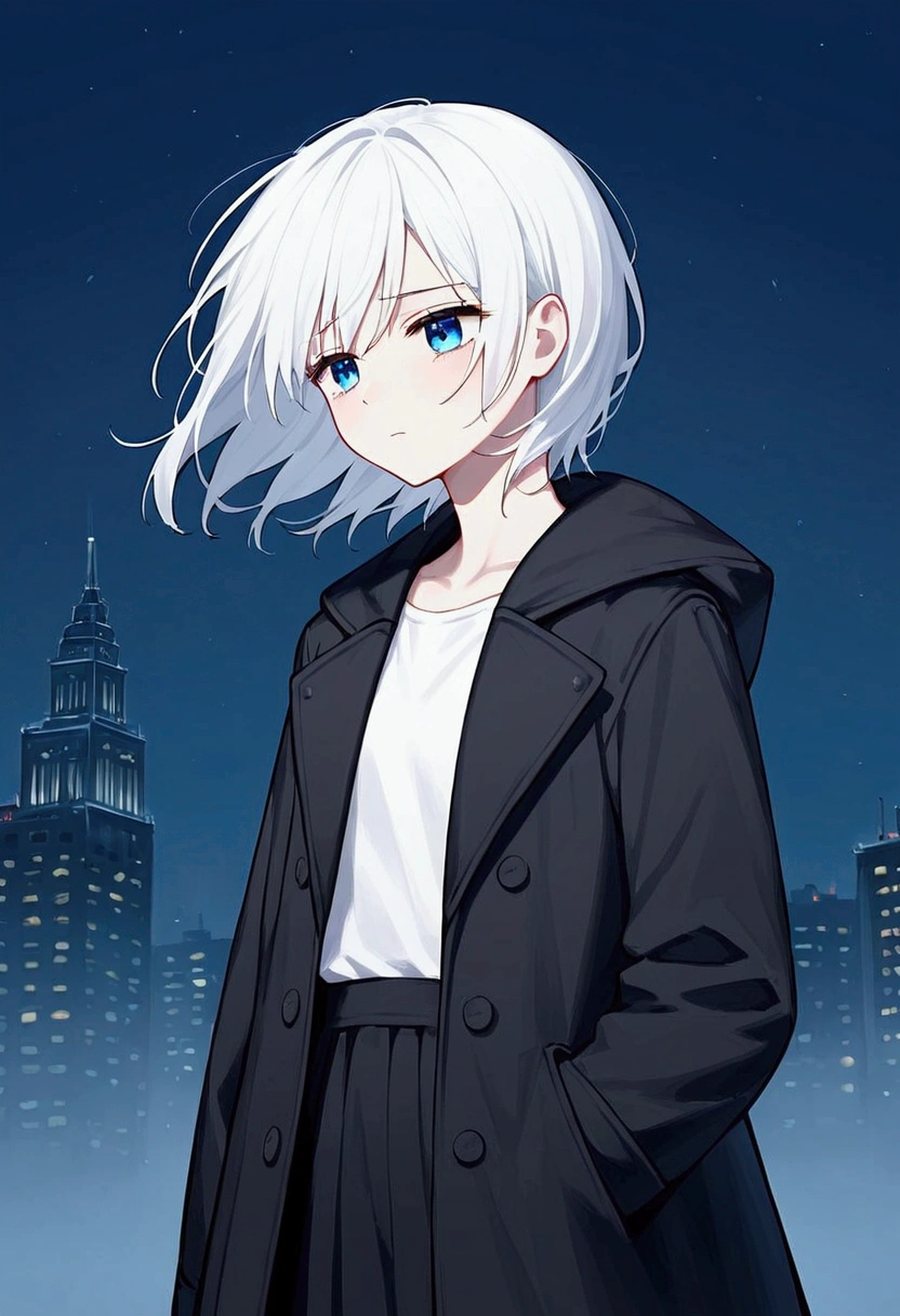 a girl, short white hair, blue eyes, long black coat, coat billowing in the wind, night scene, in the city, sad eyes, white shirt under black coat