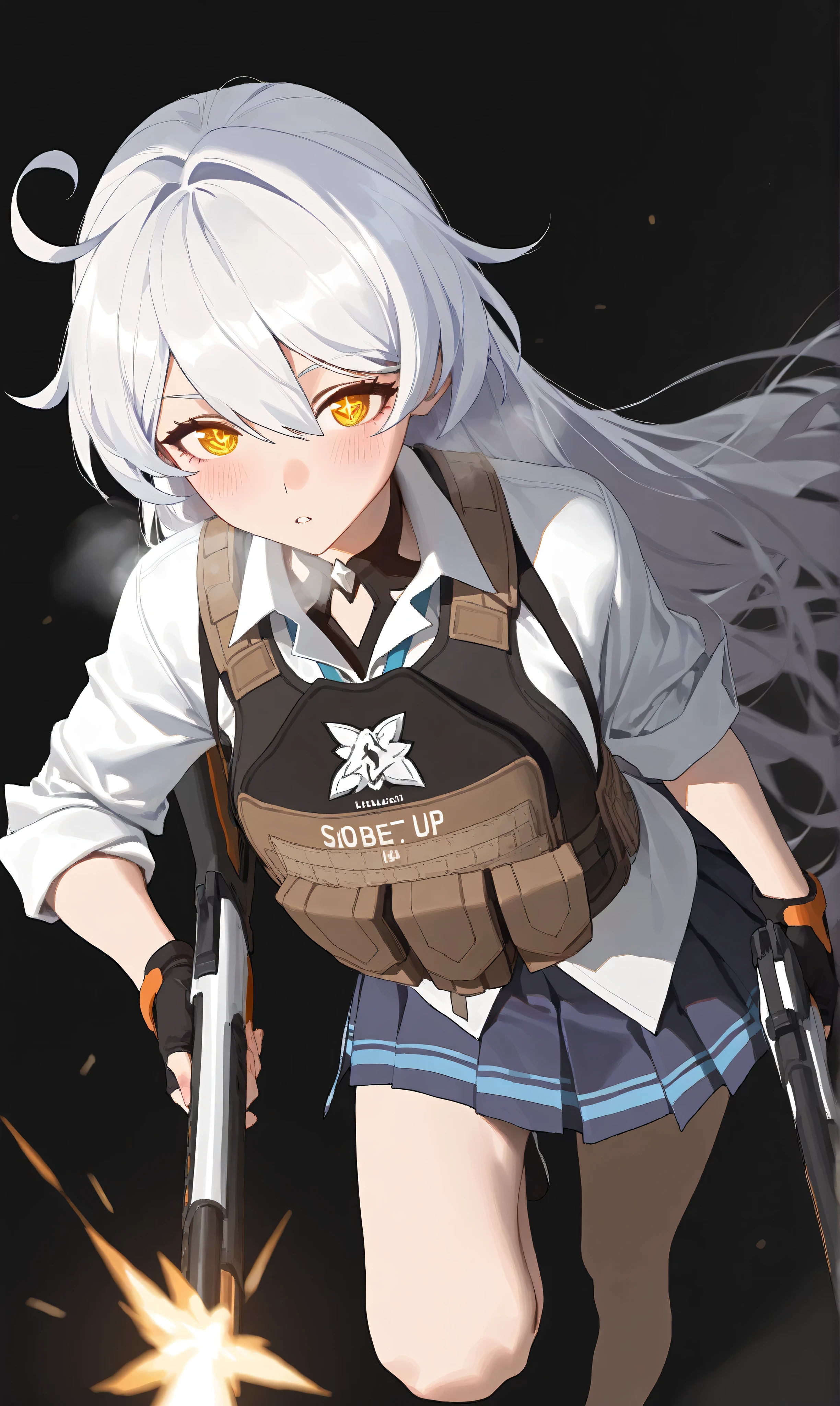 1girl, kiana kaslana \(honkai impact 3\), HoV, Silver hair, ahoge, long hair, yellow eyes, symbol-shape pupils, blush, heavy breath, airseal, (ciloranko:0.75), from above, dutch angle, feet out of frame, beretta 1301, shotgun, foreshortening, leaning forward, muzzle flash, steam, bulletproof vest, fingerless gloves, firing, holding gun, holding weapon, looking looking at viewer, parted lips, froating, (shade:1.2), (white and purple theme:0.7), pleated skirt, standing on one leg, sidelocks, sleeves rolled up, solo, dust cloud, light particles, depth of field, black background, (leviathan \(hikinito0902\), modare:0.75), masterpiece, best quality, good quality, newest, year 2024, year 2023