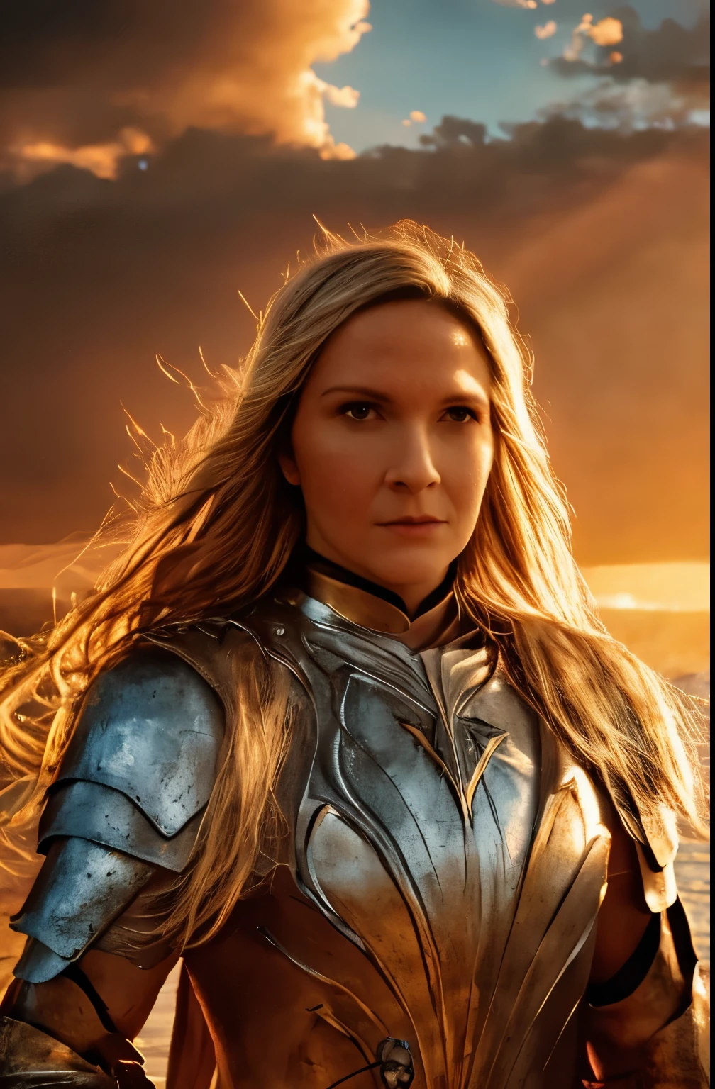 Galadriel, inspired by the series "The Rings of Power", (((L4L4 face))), in a majestic pose at the center of the scene , wearing shimmering silver armor and elven details, with its blond hair flowing under a golden light . The background shows an epic landscape of golden Middle Earth , with distant mountains , dramatic sky and beams of heavenly light . Determined expression and intense gaze , capturing your strength and wisdom . Hyper-realistic details on the face and hands , metal texture of the highly detailed armor , skin illuminated with perfection , cinematic atmosphere , epic and glorious . natural light, 35mm photograph, film, professional, 4K, highly detailed, Golden hour lighting. Depth of field F2. Rule of Thirds Composition.