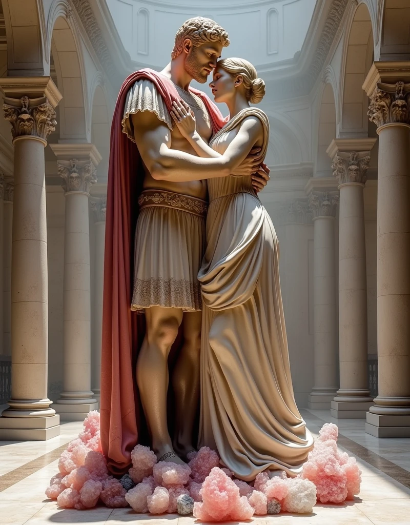 a marble statue of a man and woman with various flowers and apples --auto --s2