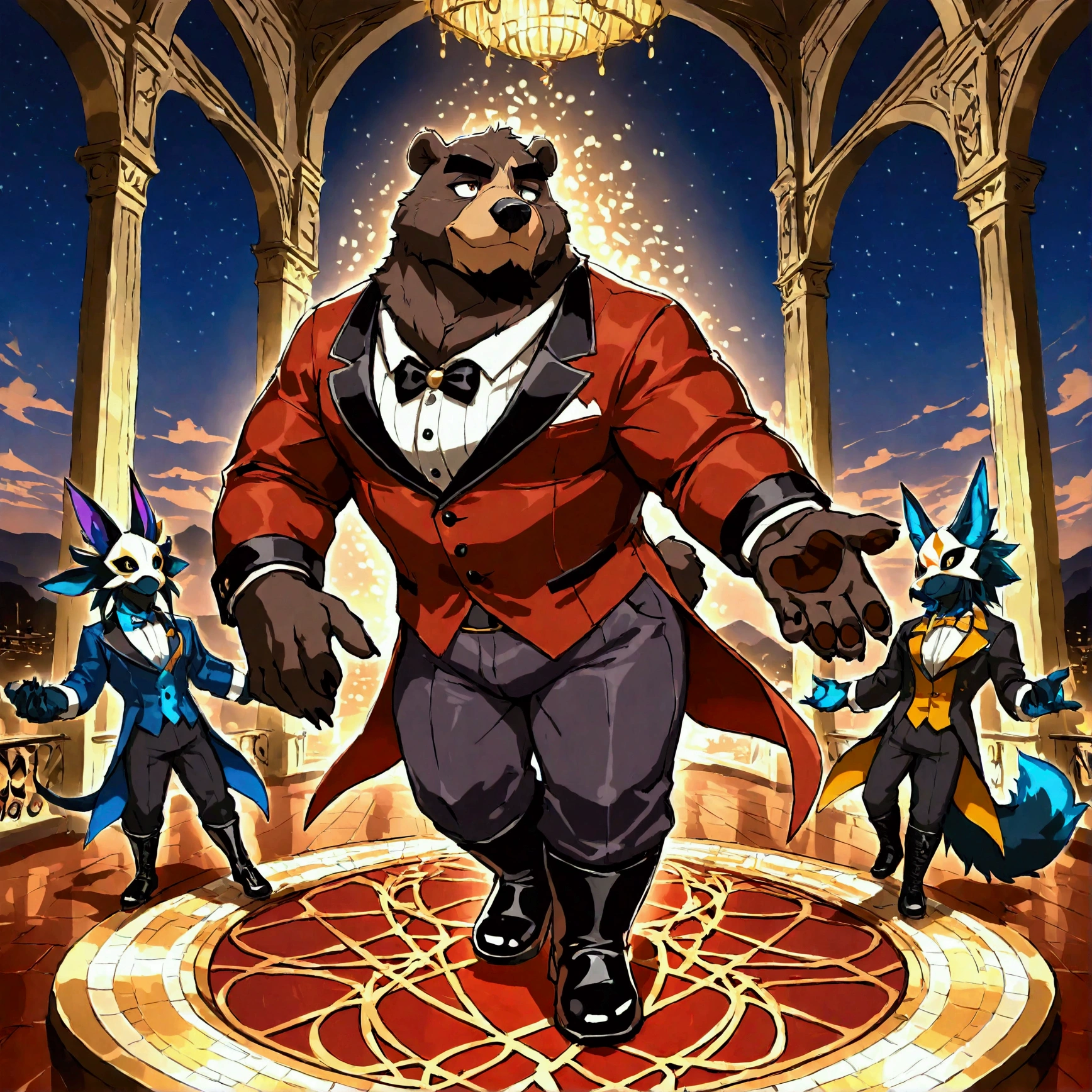 character focus, full body, looking away, dynamic angle, masquerade, a middle-aged bear man, light smile, costume clothes, flamboyant, pants, boots, beautiful mask, tailcoat, dancing, BREAK full body in Michelangelo Buonarroti style, housamo style, digital illustration anime, detailed painting landscape, moonlit night, grand ballroom, indoor, full color, HDR, BREAK complete anatomy, perfect proportions, beautiful thigh gap, fluffy body, intricate fur details, beautiful fur texture, BREAK (a detailed bear 1tail), detailed boots, detailed foot, detailed hands, 5fingers, 5fingers nails, BREAK aesthetic anime face, insanity detailed face, male face, big face, square jawline, aesthetic anime eyes, detailed brown eyes, detailed brown cornea, detailed dark brown irises, detailed pupils, male eyes, big eyes, male eyebrows, innocent look, beautiful beard, BREAK masterpiece, official art, best quality, very aesthetic, absurdres, super fine illustration, great quality, BREAK noise reduction, very highres, large filesize, high quality, 32K, 8k wallpaper, dynamic lighting, BREAK insanity detailed, ultra detailed, intricate details, extremely detailed, detailed texture, an extremely delicate and beautiful, BREAK e621 illustration, osukemo, kemohomo, anthropomorphic, furry, cartoon, harmonious eyes, pastoral face, virtuous body, gothic atmosphere