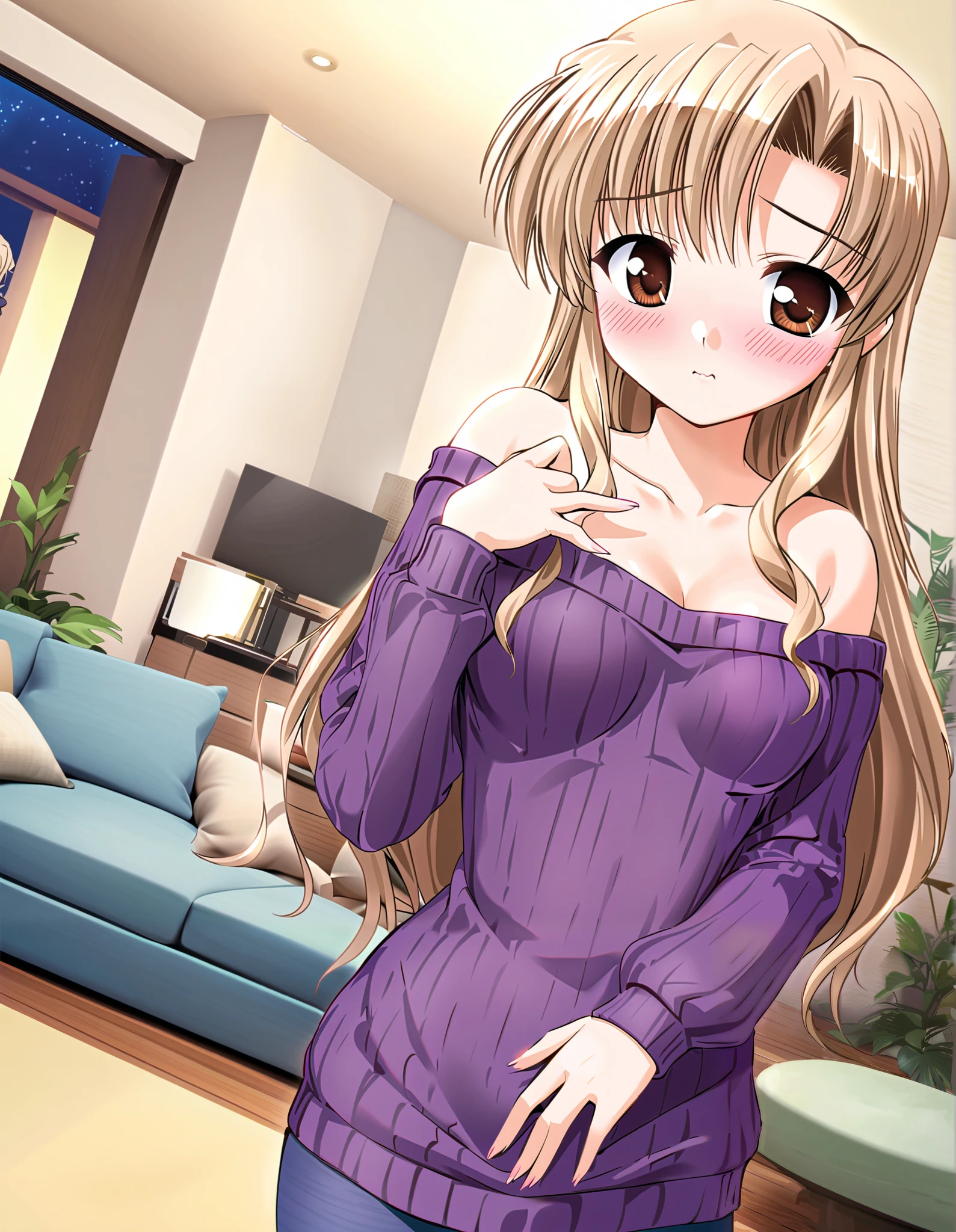 hozumi sayaka, (cowboy shot), long hair, brown hair, brown eyes, (wavy hair:0.7), blonde hair, ( small breasts), (off-shoulder sweater:1.2), (Red cheeks:1.2), ( Sexy Poses :1.2),  cleavage, ( I'm embarrassed :1.2), ( living room:1.3), (night:1.3),  score_9,  score_8_superior,  score_7_superior,  source_anime, (best quality:1.2), 細部までこだわったanime,  high quality, full color, 8k, natural body shape,  high definition 