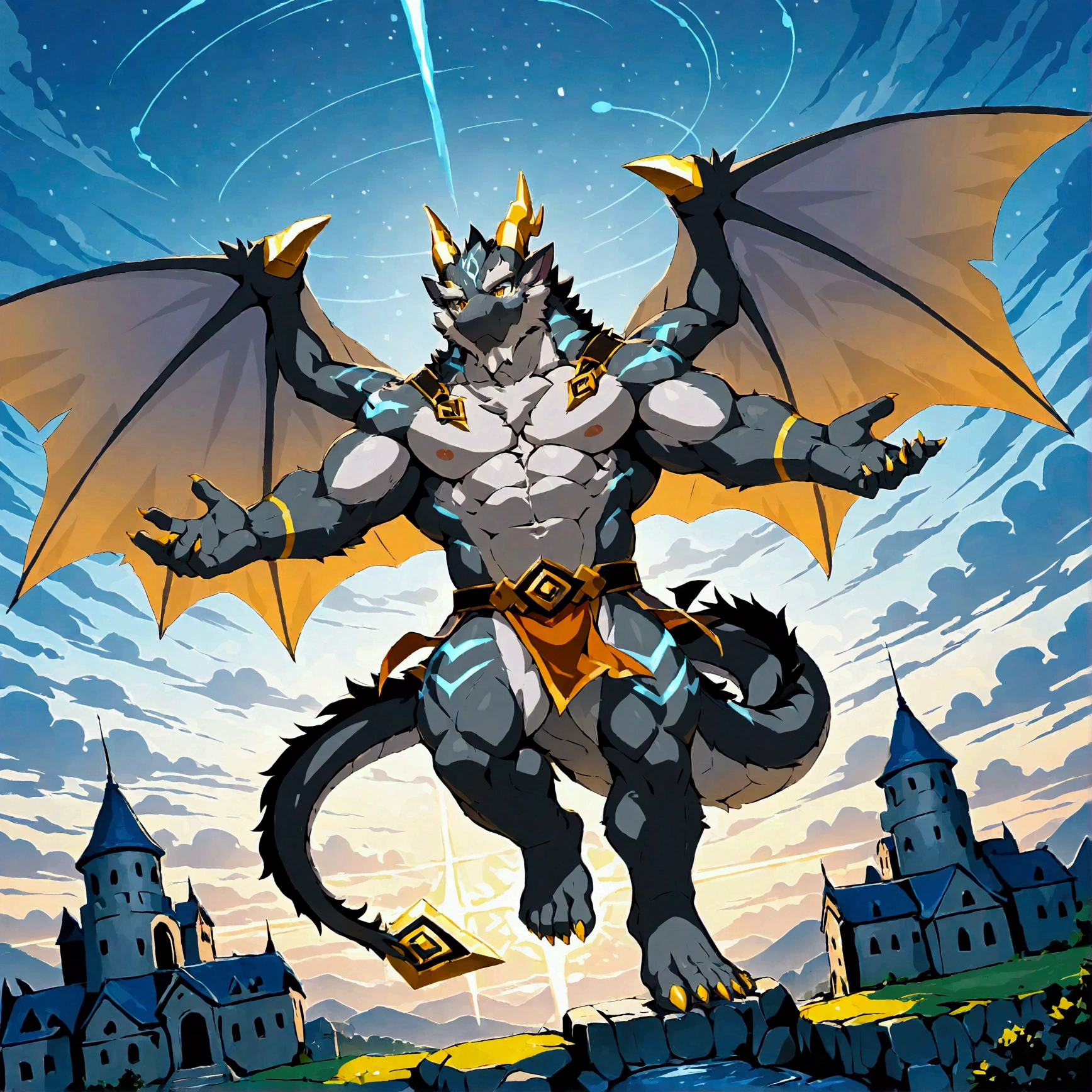 character focus, full body, looking away, dynamic angle, full body in Michelangelo Buonarroti style, housamo style, digital illustration anime, BREAK dragon, muscular middle-aged dragon man, silver gray skin, dragon wings, complete anatomy, perfect proportions, beautiful thigh gap, fluffy body, intricate fur details, beautiful fur texture, BREAK (a detailed dragon one tail), detailed toe, 5toes, 5toes nails, beautiful foot, BREAK detailed hands, 5fingers, 5fingers nails, BREAK dragon face, insanity detailed face, male face, big face, square jawline, aesthetic anime eyes, detailed brown eyes, detailed brown cornea, detailed dark brown irises, detailed pupils, male eyes, big eyes, male eyebrows, innocent look, beautiful beard, BREAK costume clothes, armor, loincloth, perfect composition, fighting, casting quantum electromagnetic life form force magic, dynamc pose, detailed painting landscape, abstract kaleidoscopic swirls space, old castle, indoor, full color HDR, BREAK masterpiece, official art, best quality, very aesthetic, absurdres, super fine illustration, great quality, BREAK noise reduction, very highres, large filesize, high quality, 32K, 8k wallpaper, dynamic lighting, BREAK insanity detailed, ultra detailed, intricate details, extremely detailed, detailed texture, an extremely delicate and beautiful, BREAK e621 illustration, osukemo, kemohomo, anthropomorphic, furry, cartoon, harmonious body, pastoral face, virtuous eyes, epic atmosphere