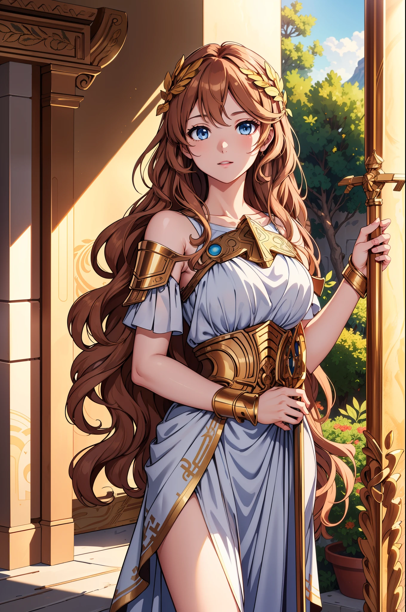 (extremely detailed CG unity 4k wallpaper),(masterpiece),(best quality),(ultra-detailed),(best illustration),(best shadow),(absurdres),(Detailed background), Greek goddess Athena, Chestnut brown hair, Shoulder length hair, wavy hair, Light blue eyes, Pale skin, greek clothes, peplos, Golden Spear in hand, Aigis Shield, gold laurel wreaths,