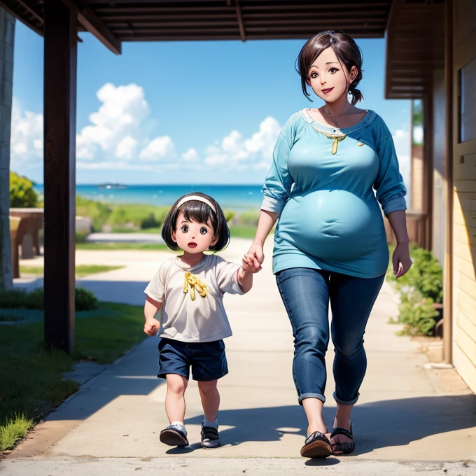 Beautiful sunny day and a baby walking a dog.. The baby is a very realistic movie-like image.. The 's parents follow right behind.