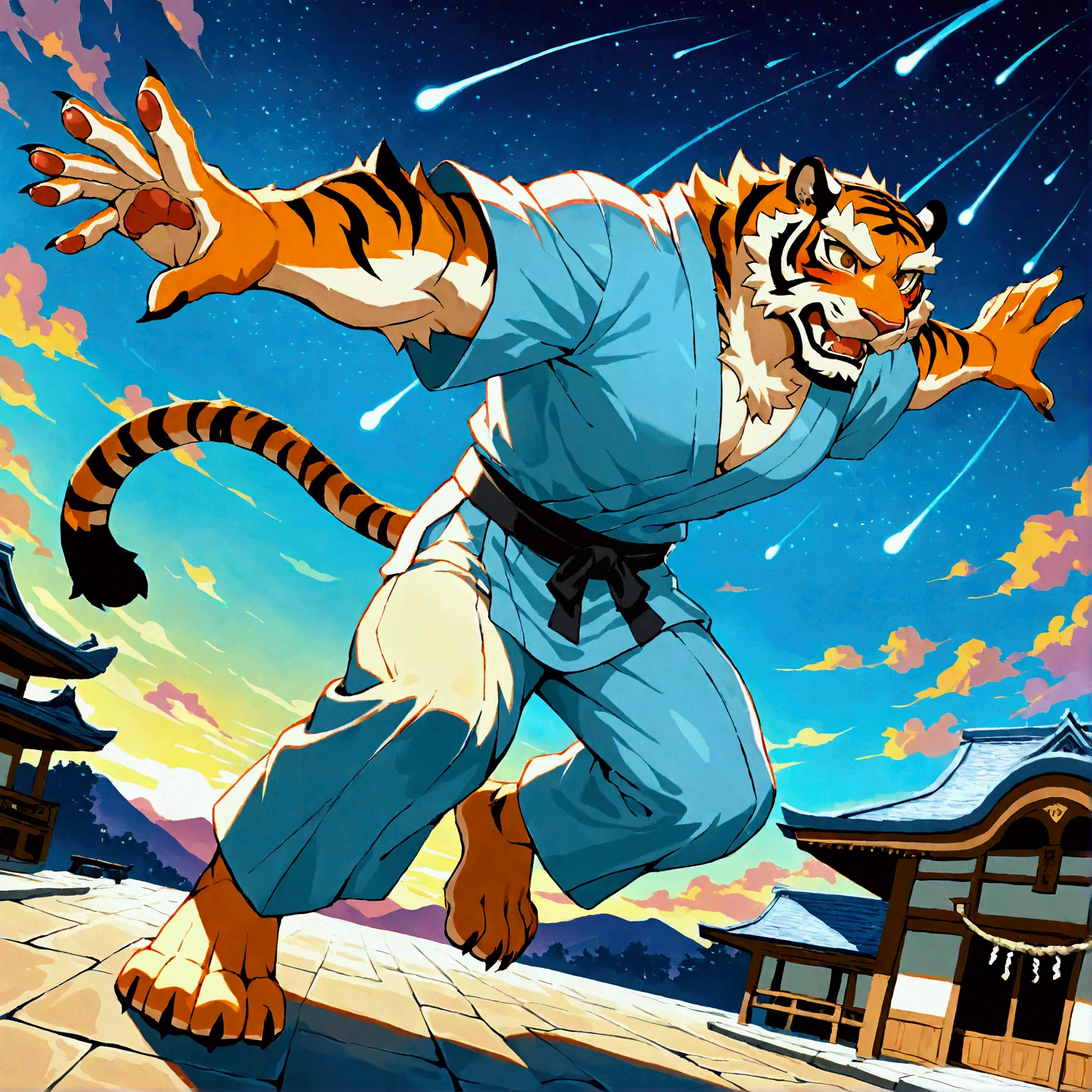 character focus, full body, looking away, dynamic angle, onmyoji, middle-aged Japanese tiger man, robe costume clothes, shirt, pants, serious, standing arms rised in the air, searching for stars, elegant pose, dynamic pose, BREAK full body in Michelangelo Buonarroti style, housamo style, digital illustration anime, detailed painting landscape, starry sky, kyoto, Japanese shrine, outdoor, full color, HDR, BREAK complete anatomy, perfect proportions, beautiful thigh gap, fluffy body, intricate fur details, beautiful fur texture, BREAK a detailed tiger 1tail, detailed toe, 4toes, 4toes nails, detailed foot, detailed hands, 5fingers, 5fingers nails, BREAK aesthetic anime face, insanity detailed face, male face, big face, square jawline, aesthetic anime eyes, detailed brown eyes, detailed brown cornea, detailed dark brown irises, detailed pupils, male eyes, big eyes, male eyebrows, innocent look, beautiful beard, BREAK masterpiece, official art, best quality, very aesthetic, absurdres, super fine illustration, great quality, BREAK noise reduction, very highres, large filesize, high quality, 32K, 8k wallpaper, dynamic lighting, BREAK insanity detailed, ultra detailed, intricate details, extremely detailed, detailed texture, an extremely delicate and beautiful, BREAK e621 illustration, osukemo, kemohomo, anthropomorphic, furry, cartoon, harmonious, pastoral face, virtuous eyes, mysterious atmosphere