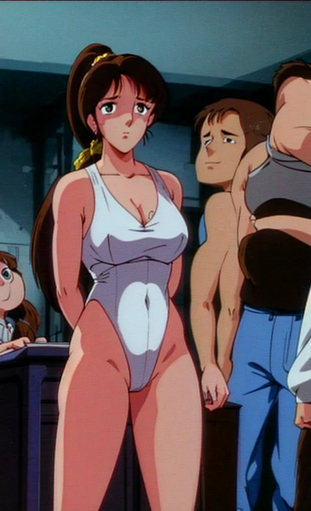 Tia, who has big breasts, beautiful legs, and a ponytail with her hair tied in one strand behind her, is standing blushing in a high-leg leotard。High image quality。