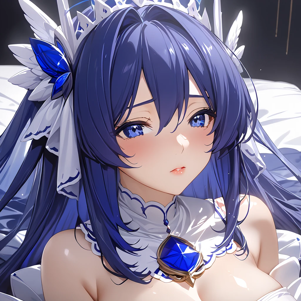 1girll, Solo, Masterpiece, (8K, Best quality, Masterpiece:1.2), Highly detailed, Ultra-detailed, masterclass, Best quality, illustration, Hair_between_Eyes, Braid, Perfect lighting, Medium breasts, hair adornments,(Long flaxen hair),(Elaborate Eyes),(eBlue eyes),(Facial features),full bodyesbian,long whitr hair,Blushlush,Cowboy photos,feathers hair ornament,(Dark blue wedding dress:1.2),the night,janelas,inside in room,lamplight,inside in room,carpets,