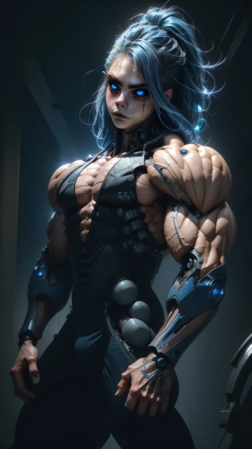 (1 girl), (Cara delevingne:1.25), beautiful teenage muscular goth cyborg androgyn, (black sclera:1.25), (blue glowing eyes:1.25), (blue glowing body veins:1.25),(((muscular bodybuilder physique:1.45))), ((((extreme muscular hypertrophy:1.25)))), (flat muscular pecs:1.25), (Cyborg exosuit:1.5), (skinny thin legs:0.75), (long blue glowing hair:1.5),(beautiful face:1.25), bimbo lips, cyberpunk city, gothic neon style, cyber punk style, Portrait shot