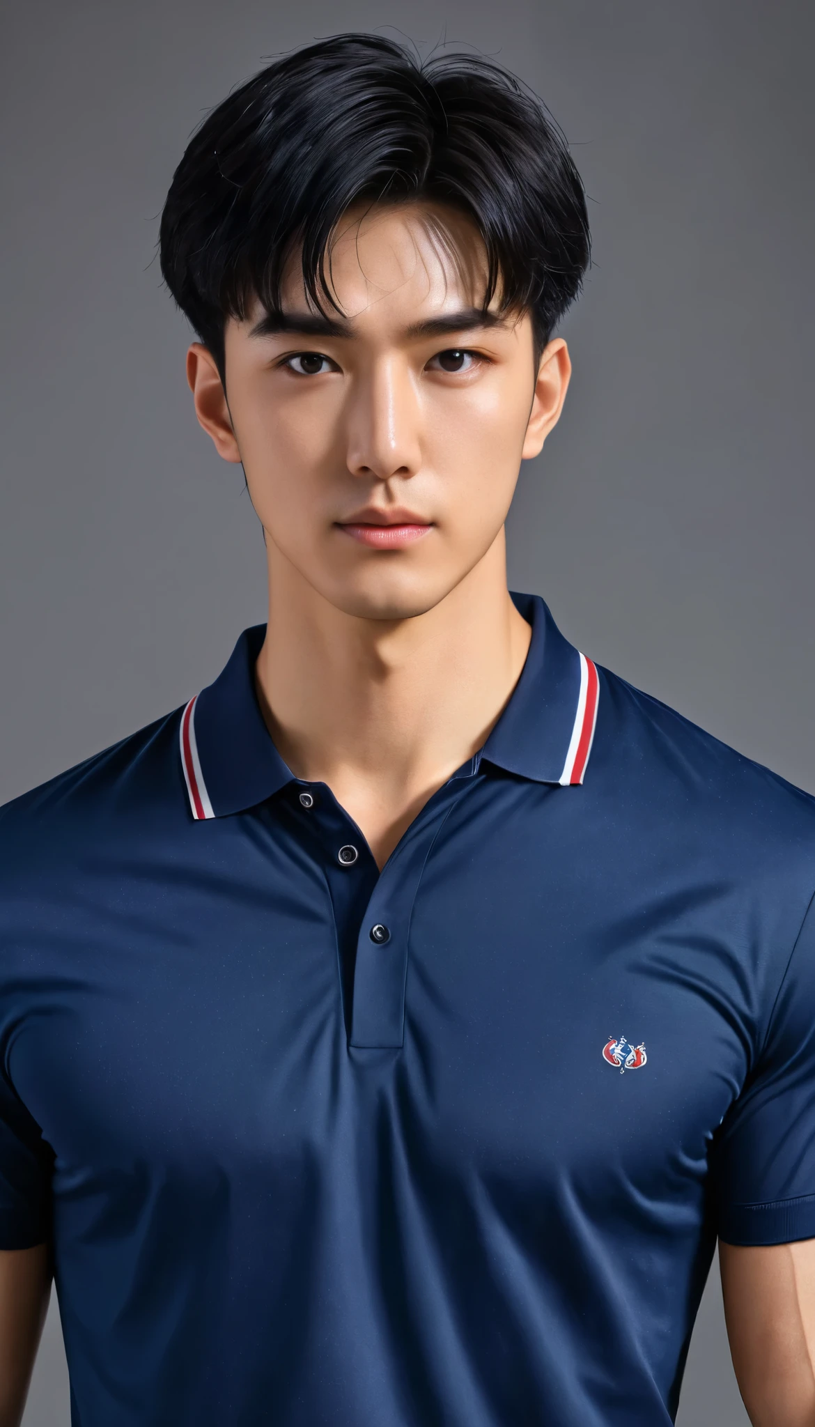 1boy, orimale ,Orimura, black_eyes, black_hair, male_focus, realistic ,  bright eyes  , Short hairstyles, swept up , Beautiful Man  , is muscular ,blood vessel,Broad shoulders,  is wearing a navy polo shirt with short sleeves without a logo and jeans, a backpack.@Orimura Manara 