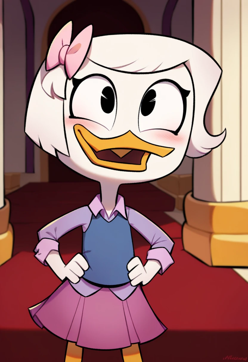 score_9, score_8_up, score_7_up, score_6_up, best quality, highres, source_furry
1girl, female, solo, inside, mansion, duck, beak, webby vanderquack, young, white skin, white hair, short hair, black eyes, black eyes, standing, hands on hips, orange legs, three-quarter portrait, blush, happy, sparkles, blue vest, purple dress shirt, pink skirt, pink hair bow 