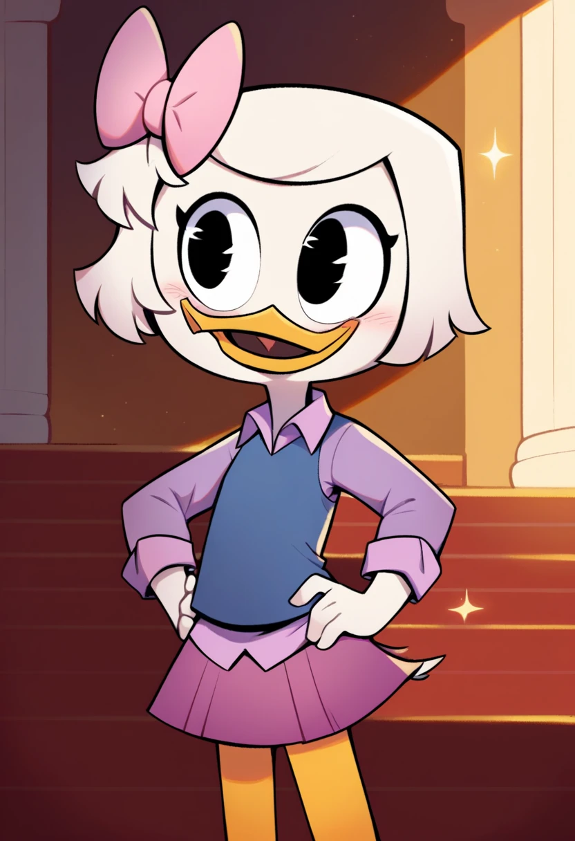 score_9, score_8_up, score_7_up, score_6_up, best quality, highres, source_furry
1girl, female, solo, inside, mansion, duck, beak, webby vanderquack, young, white skin, white hair, short hair, black eyes, black eyes, standing, hands on hips, orange legs, three-quarter portrait, blush, happy, sparkles, blue vest, purple dress shirt, pink skirt, pink hair bow 