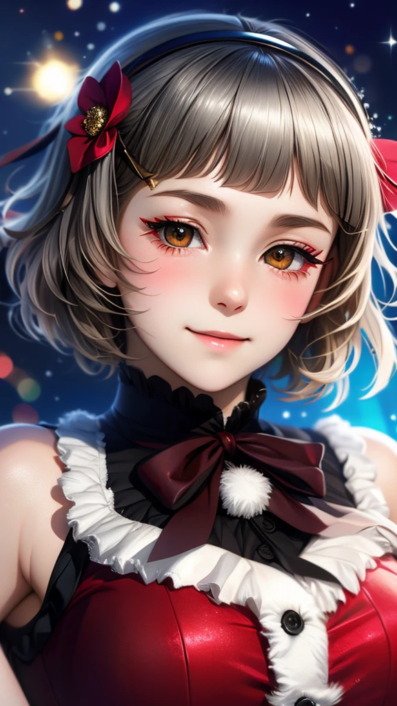 (((solo))), 1 woman, Sakuya Kurobane, sakuyaunif, kurobane_sakuya, (brown eyes), short hair, grey hair, black hairband, blue hair flower, red eyeliner, chest, blush, smile, (upper body), santa claus