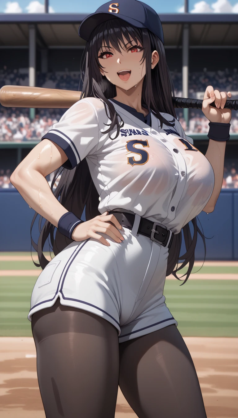 Source anime, Tall girl, Fit girl,score_9, score_8_up, score_7_up, score_6_up, uncensored, claire kagenou, long hair, black hair, red eyes, huge breast, 1girl, baseball_bat, baseball_uniform, hat, sportswear, shorts, breasts, belt, baseball_cap, large_breasts, open_mouth, sweat, pantyhose, holding, solo_focus, thighs, clothes_writing, seductive smile, looking at viewer 