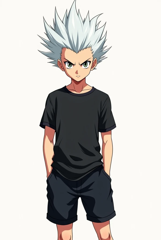 Anime boy with white spiky hair clothes black shorts black shorts 
