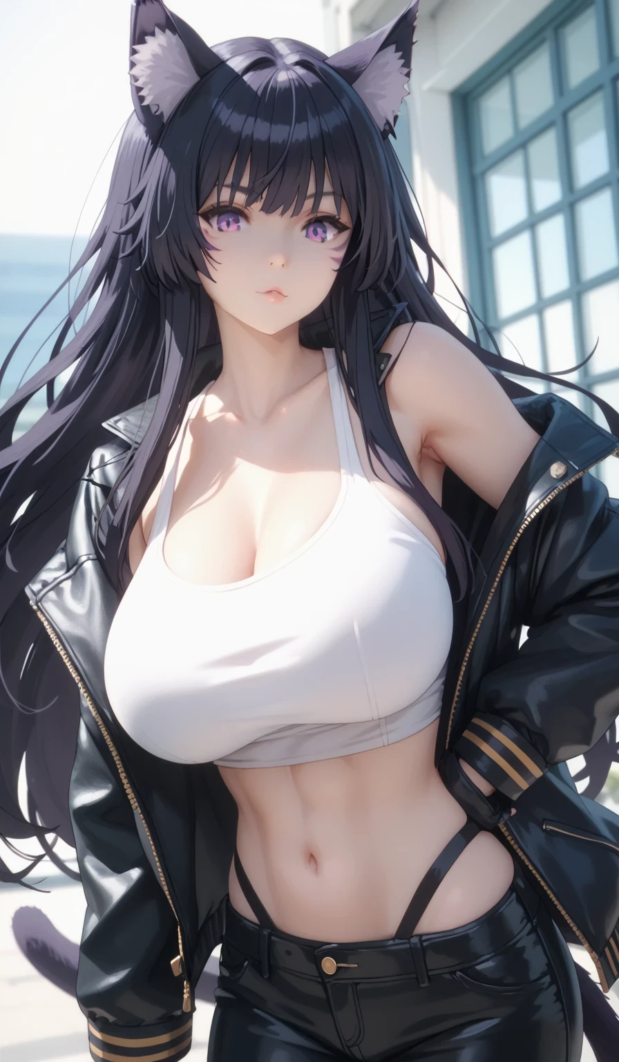 Anime source, Tall girl, Fit girl,score_9, score_8_up, score_7_up, score_6_up, uncensored, delta, long hair, black hair, animal ears, purple eyes, cat ears, animal ear fluff, facial mark,huge breast, tail, jacket, leather, black jacket, open clothes, white tank top, navel, black pants, 