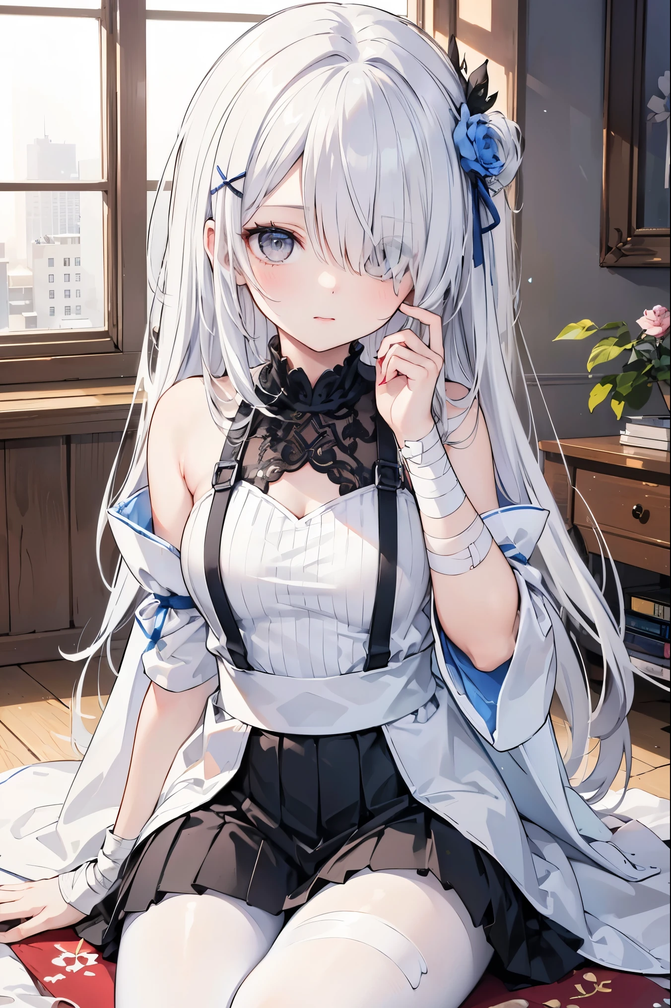 (best quality:1.3), (masterpiece:1.3), (illustration:1.3), (ultra-detailed:1.3), 1girl, solo, white hair, long hair, (((gray eyes, bandage over one eye,))) white dress, suspenders, bare shoulders, detached sleeves, sleeves past fingers, gradient leggings, black pantyhose, hair ornament, x hair ornament, indoors, sitting, close up,