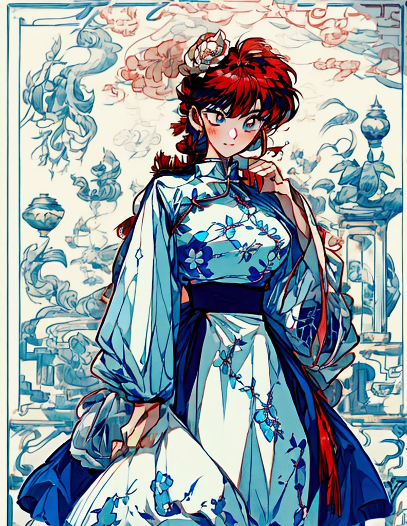 Create Female Ranma, Clear outline, Full body color photo, ( Beautiful and Exquisite Eyes ), ( pretty face:1.3), Wakaki's Smiling Face , long red hair， Bangs,  blue-gray eyes ,  big eyes， full breasts ，(Chinese Hansel :horse face long skirt),top: Slim Fit Chiffon High Waist Loose Elegant Chiffon Pleated Long Skirt(actual:1.2),(Floral),   (actual上下身衣服是:3.7. Scale)。