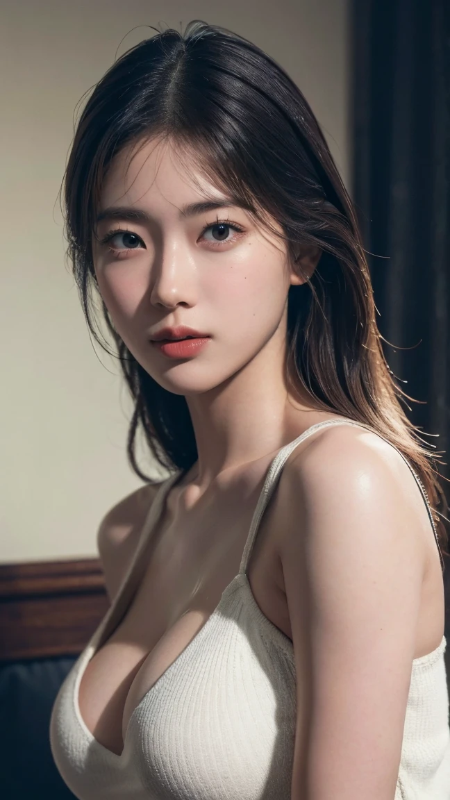 art by greg rutkowski, Photo of a large Beautiful Korean kpop idol Woman, Body Chain, Beauty marks, background is Hospital, visual novel, Happy, Hasselblad, telephoto lens, Hypersaturated