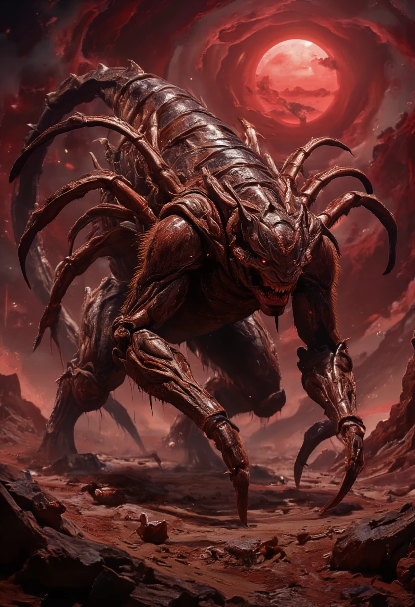 Horror scene, outlast, silent hill atmosphere. A monstrous women -scorpion hybrid stands amid the rocky desert under the same blood-red sunset. Its massive body is covered in thick fur with patches of armored scorpion exoskeleton. It has scorpion-like legs with sharp claws jutting out from its sides, and a segmented tail ending in a venomous stinger arches over its back. Dust swirls around it as it looms over the rocky terrain, blending both creatures' fearsome presence,