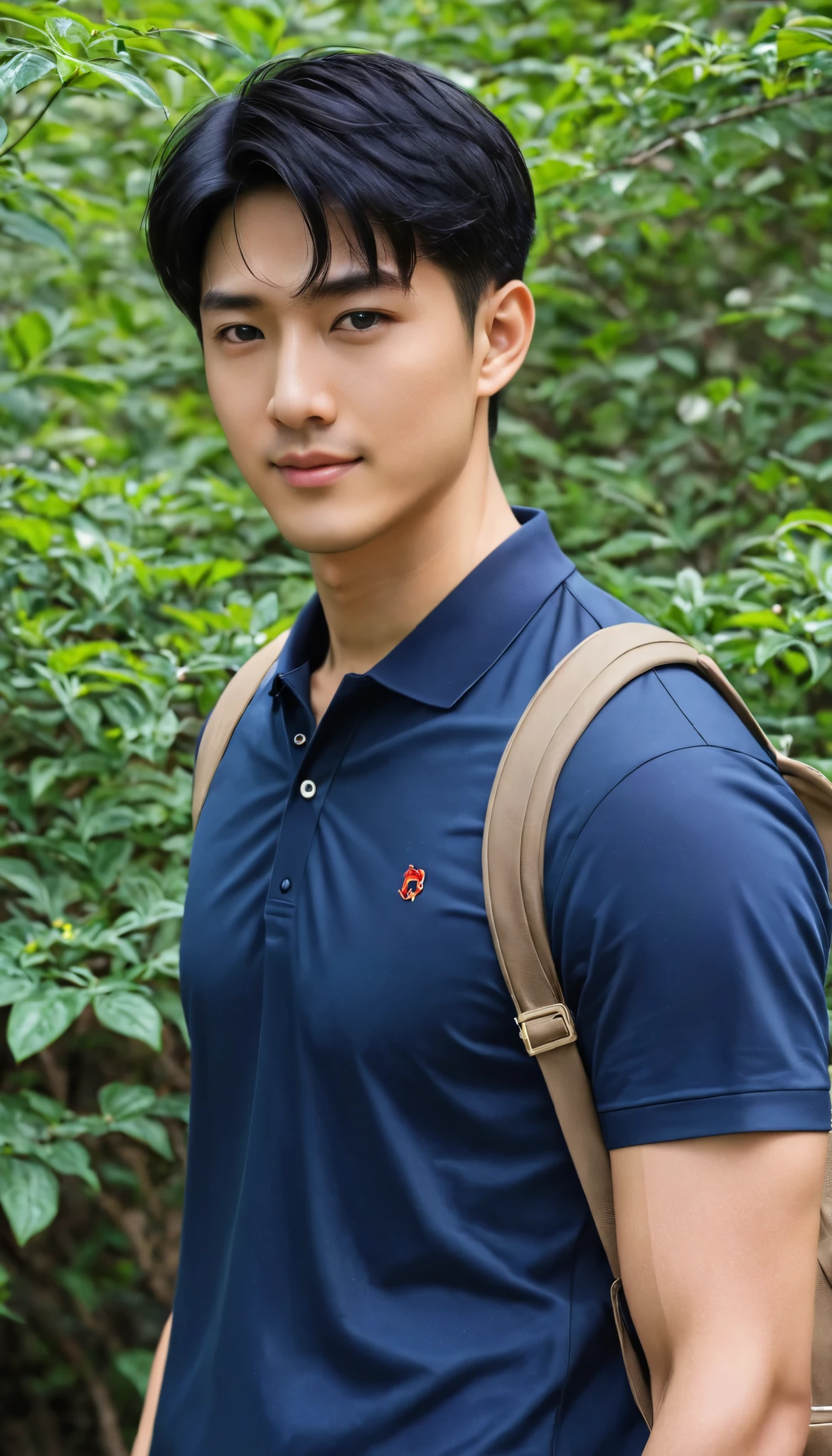 1boy, orimale ,Orimura, black_eyes, black_hair, male_focus, realistic ,  bright eyes  ,smile, Short Hairstyle SkinFade Swipe Up  ,  Handsome Thai Man with Slight Mustache , is muscular ,blood vessel,Broad shoulders,  is wearing a navy polo shirt with short sleeves without a logo and jeans, a backpack.@Orimura Manara 