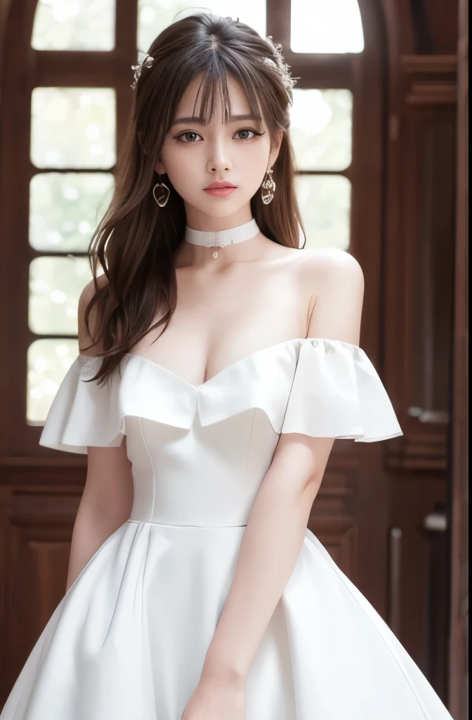 8K quality, masterpiece, stunning beauty, hair details, choker, collarbones, off-shoulder white dress, girl