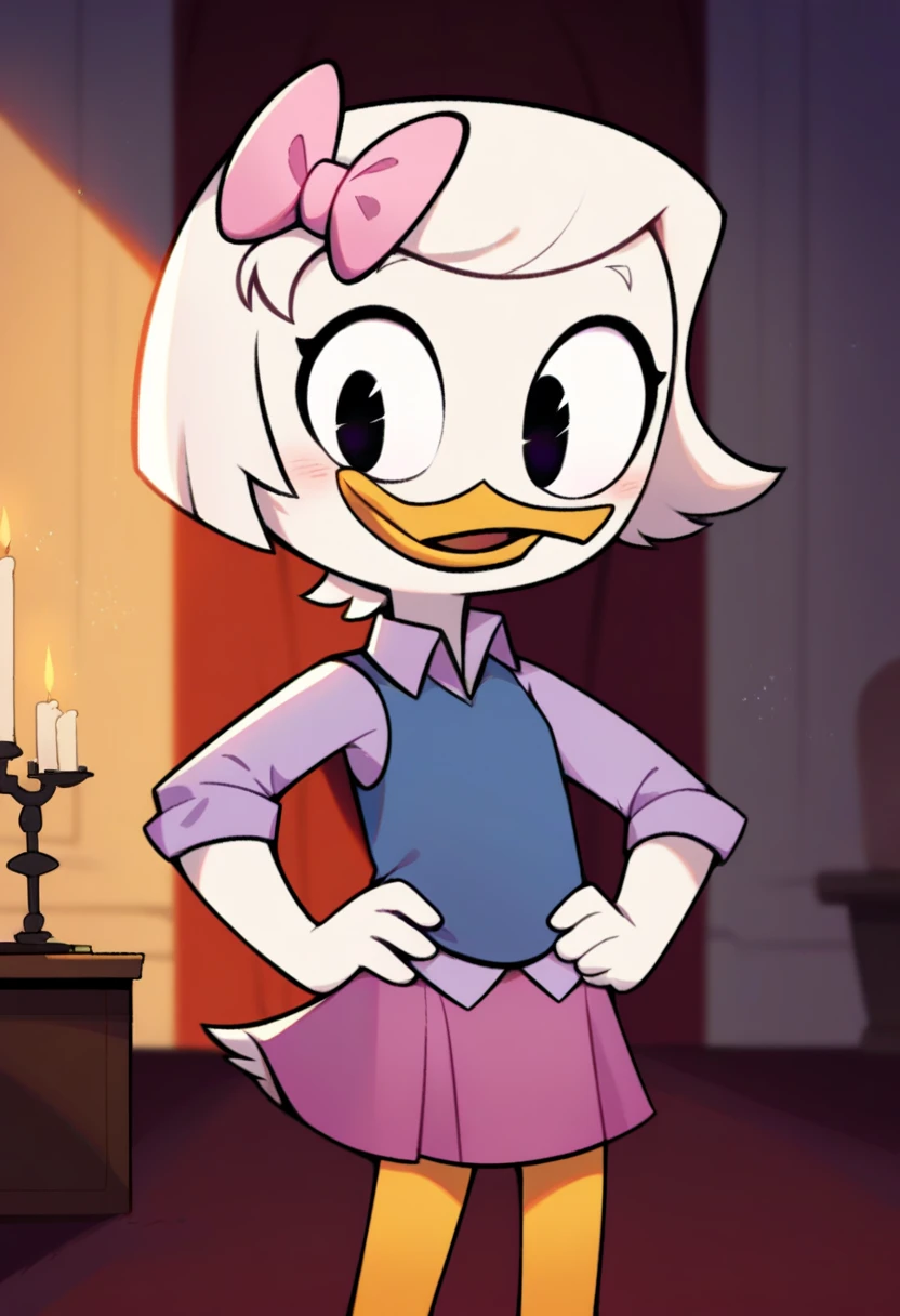 score_9, score_8_up, score_7_up, score_6_up, best quality, highres, source_furry
1girl, female, solo, inside, mansion, duck, beak, webby vanderquack, young, white skin, white hair, short hair, black eyes, standing, hands on hips, orange legs, three-quarter portrait, blush, happy, sparkles, blue vest, purple dress shirt, pink skirt, pink hair bow thick eyebrows