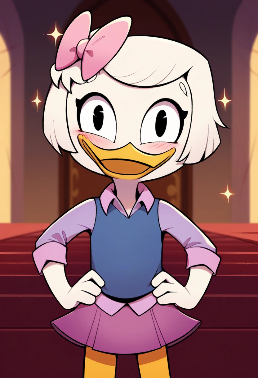 score_9, score_8_up, score_7_up, score_6_up, best quality, highres, source_furry
1girl, female, solo, inside, mansion, duck, beak, webby vanderquack, young, white skin, white hair, short hair, black eyes, standing, hands on hips, orange legs, three-quarter portrait, blush, happy, sparkles, blue vest, purple dress shirt, pink skirt, pink hair bow thick eyebrows