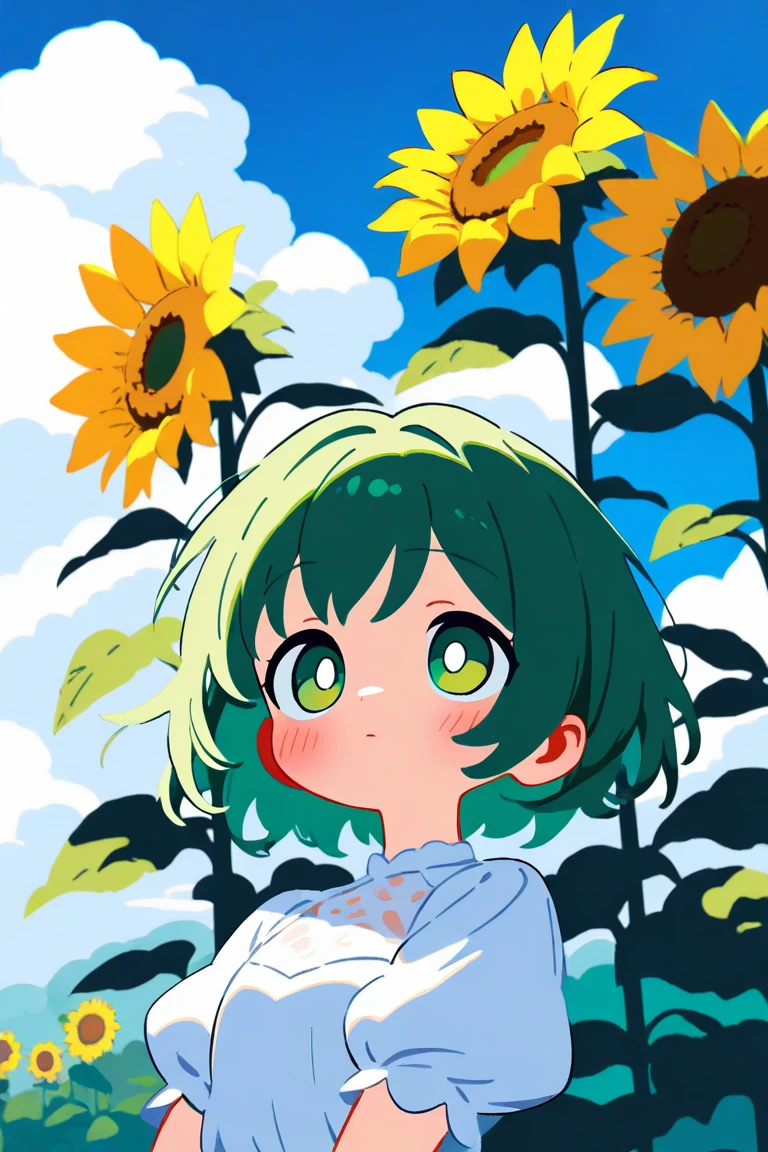 1girl, solo, white dress, short sleeves, puffy sleeves, short hair, green hair, green eyes, bright pupils, sunflower, blush, outdoors, sky, clouds, closed mouth, upper body, day