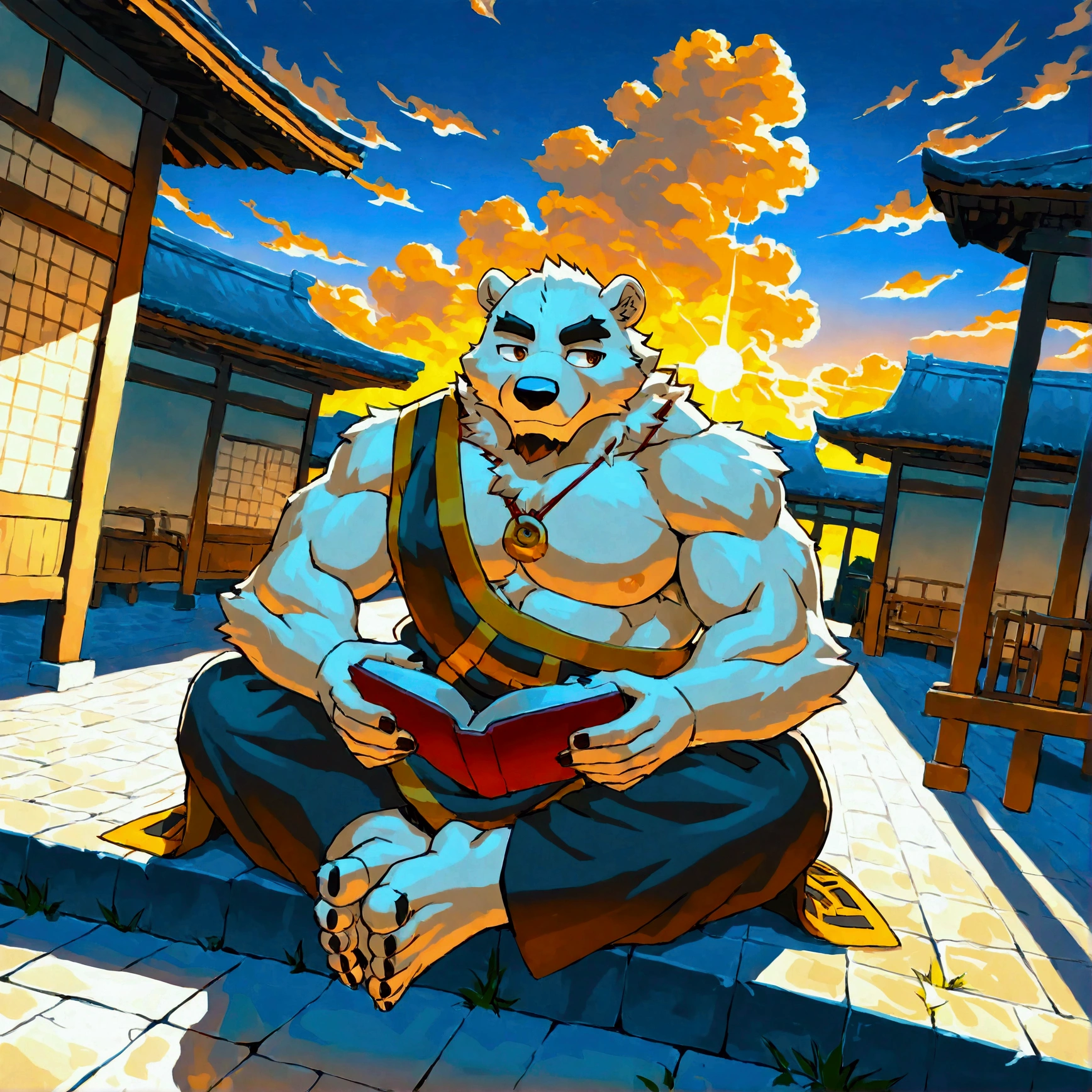 character focus, full body, looking away, dynamic angle, buddhist monk, middle-aged Japanese polar bear man, light smile, buddhist monk costume clothes, kesa, pants, black wear, sit straight, reading buddhist sutra, BREAK full body in Michelangelo Buonarroti style, housamo style, digital illustration anime, detailed painting landscape, morning, kyoto, Japanese temple, indoor, full color, HDR, BREAK complete anatomy, perfect proportions, beautiful thigh gap, fluffy body, intricate fur details, beautiful fur texture, BREAK a detailed polar bear 1tail, detailed toe, 5toes, 5toes nails, detailed foot, detailed hands, 5fingers, 5fingers nails, BREAK aesthetic anime face, insanity detailed face, male face, big face, square jawline, aesthetic anime eyes, detailed brown eyes, detailed brown cornea, detailed dark brown irises, detailed pupils, male eyes, big eyes, male eyebrows, innocent look, beautiful beard, BREAK masterpiece, official art, best quality, very aesthetic, absurdres, super fine illustration, great quality, BREAK noise reduction, very highres, large filesize, high quality, 32K, 8k wallpaper, dynamic lighting, BREAK insanity detailed, ultra detailed, intricate details, extremely detailed, detailed texture, an extremely delicate and beautiful, BREAK e621 illustration, osukemo, kemohomo, anthropomorphic, furry, cartoon, harmonious, pastoral face, virtuous eyes, kyoto atmosphere