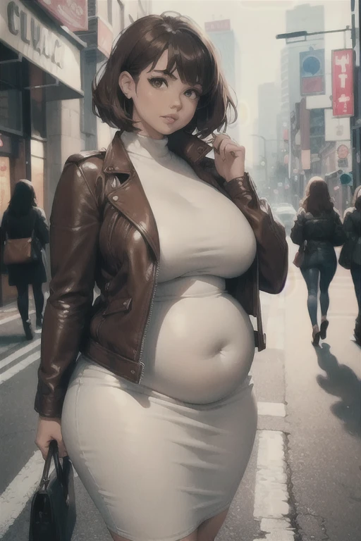 art by kipteitei, 1girl, black shirt hair , black eyepatch, wearing suit, big plump belly, thicc , pretty face, nose, lips, beautiful eyes, (best quality, masterpiece, 4k, sharp focus), professional photograph, sharp focus, dramatic, award winning, cinematic lighting, octane render, unreal engine, volumetrics dtx, anime style,