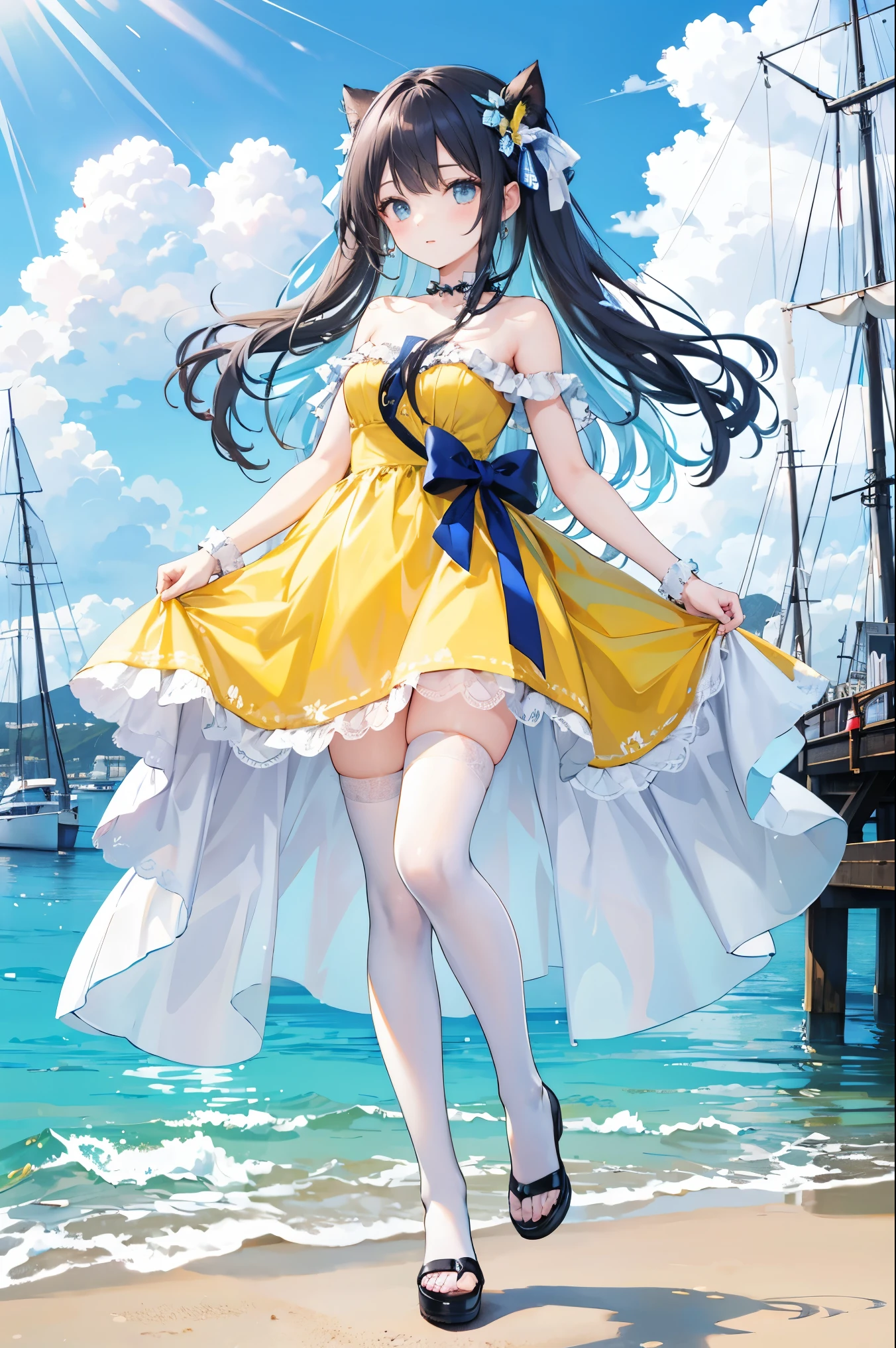 shenzi,((full body)),strapless dress,bow,yellow dress,white thighhighs,blue ribbon,((full body)),beautiful woman in a sailing b